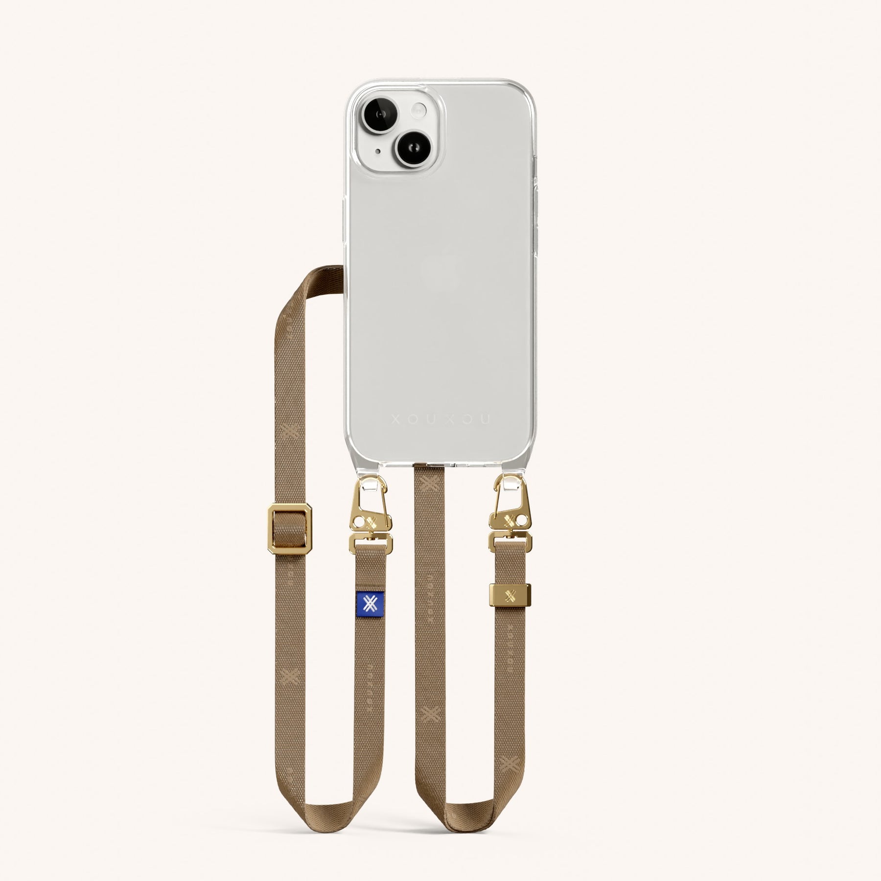 Handykette mit schmalem Gurt in Transparent + Taupe