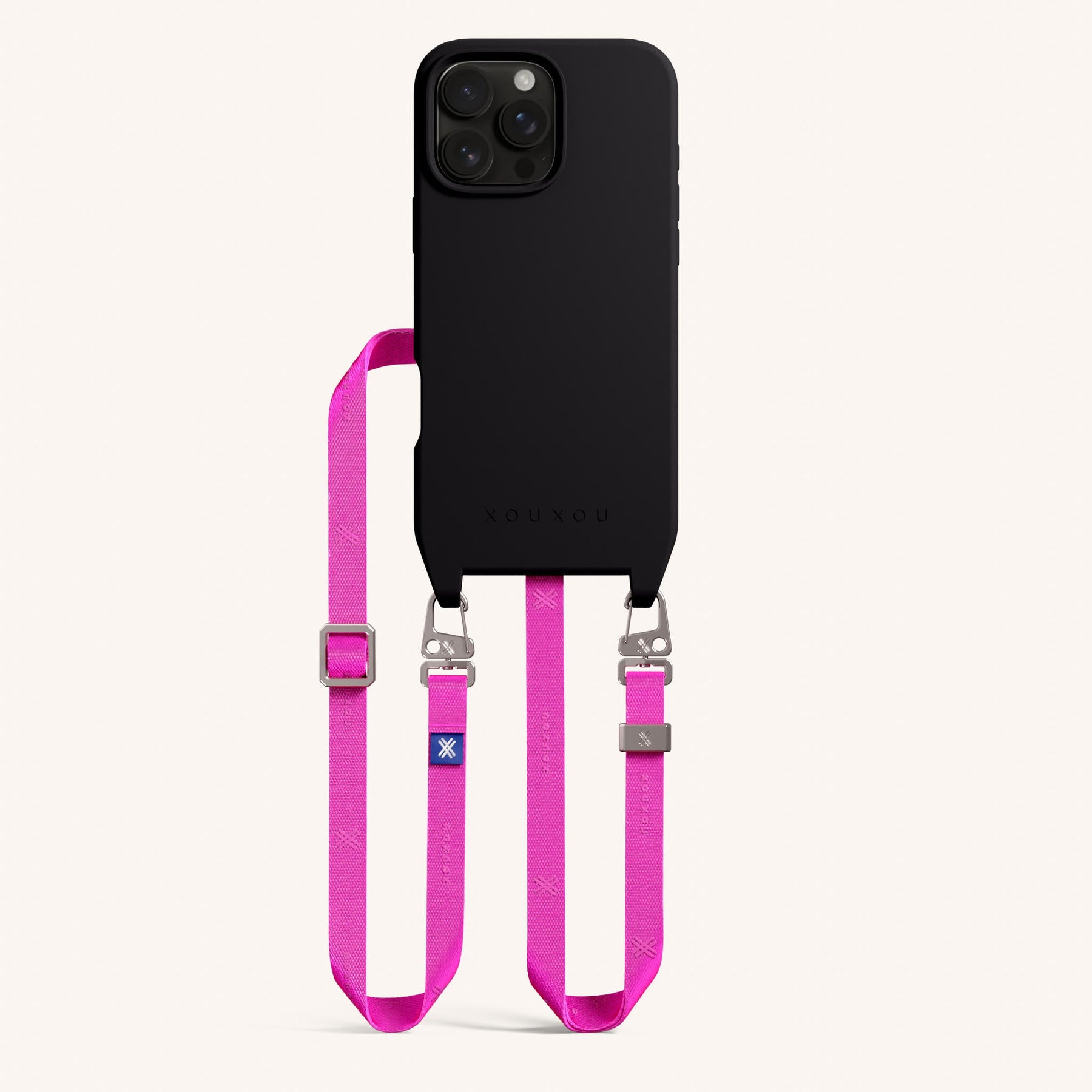 Phone Necklace with Slim Lanyard in Black + Neon Pink
