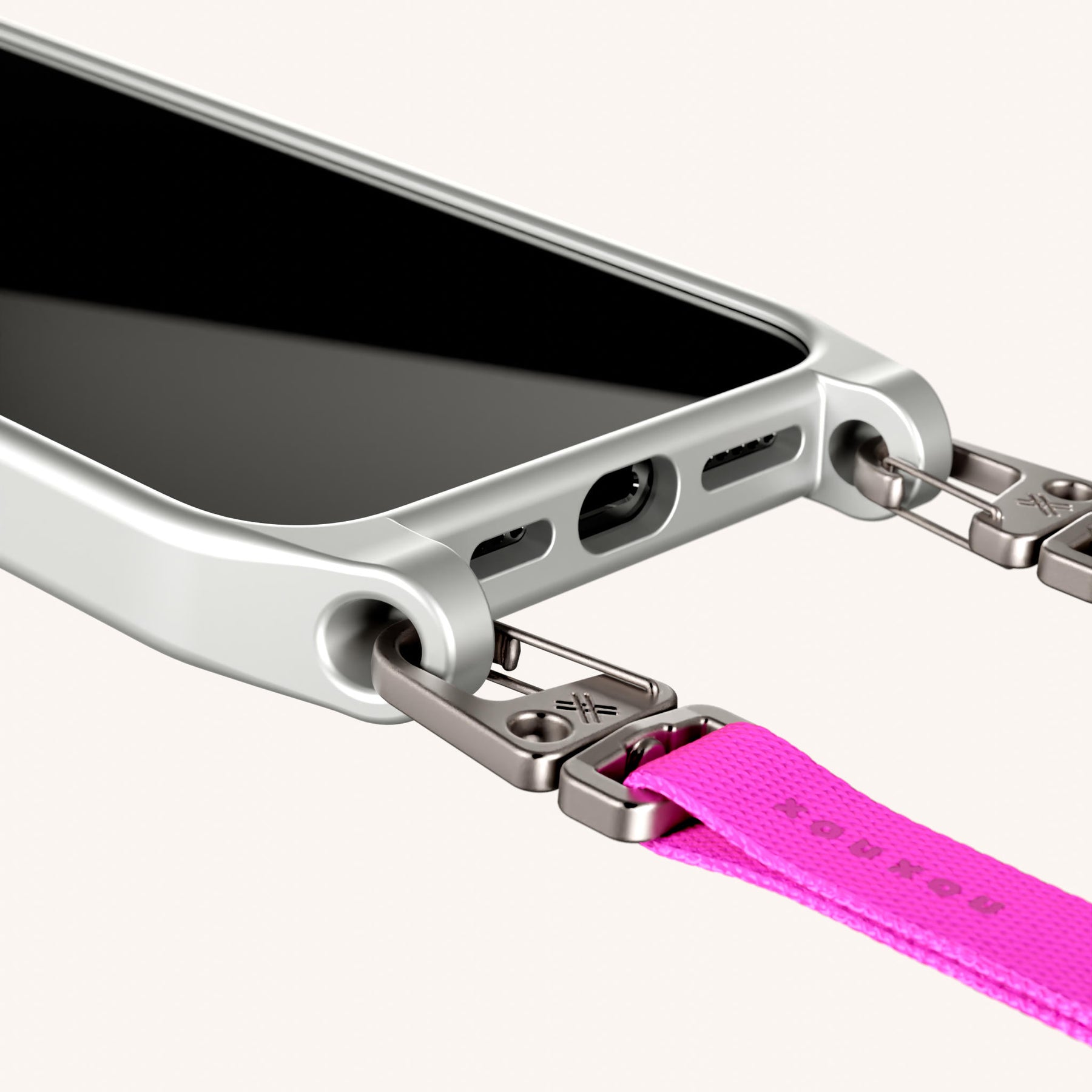 Phone Necklace with Slim Lanyard in Y2K Silver + Neon Pink
