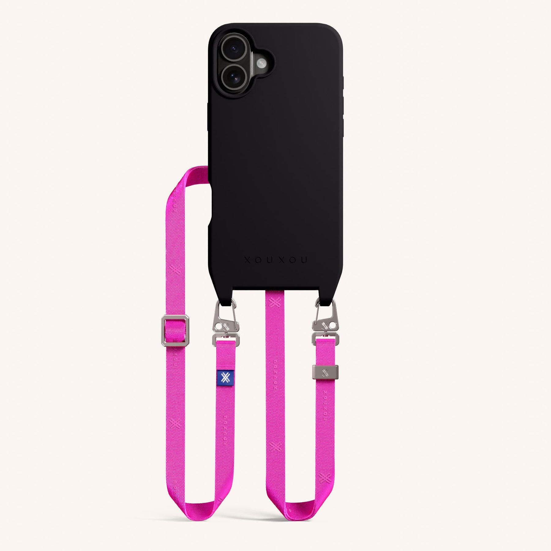 Phone Necklace with Slim Lanyard in Black + Neon Pink