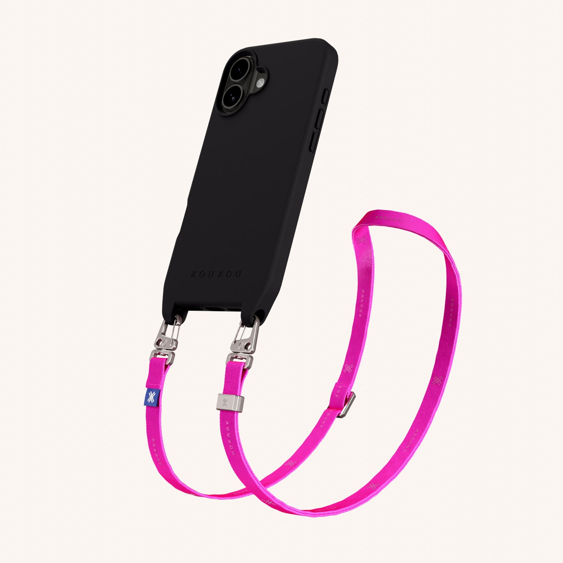 Phone Necklace with Slim Lanyard in Black + Neon Pink