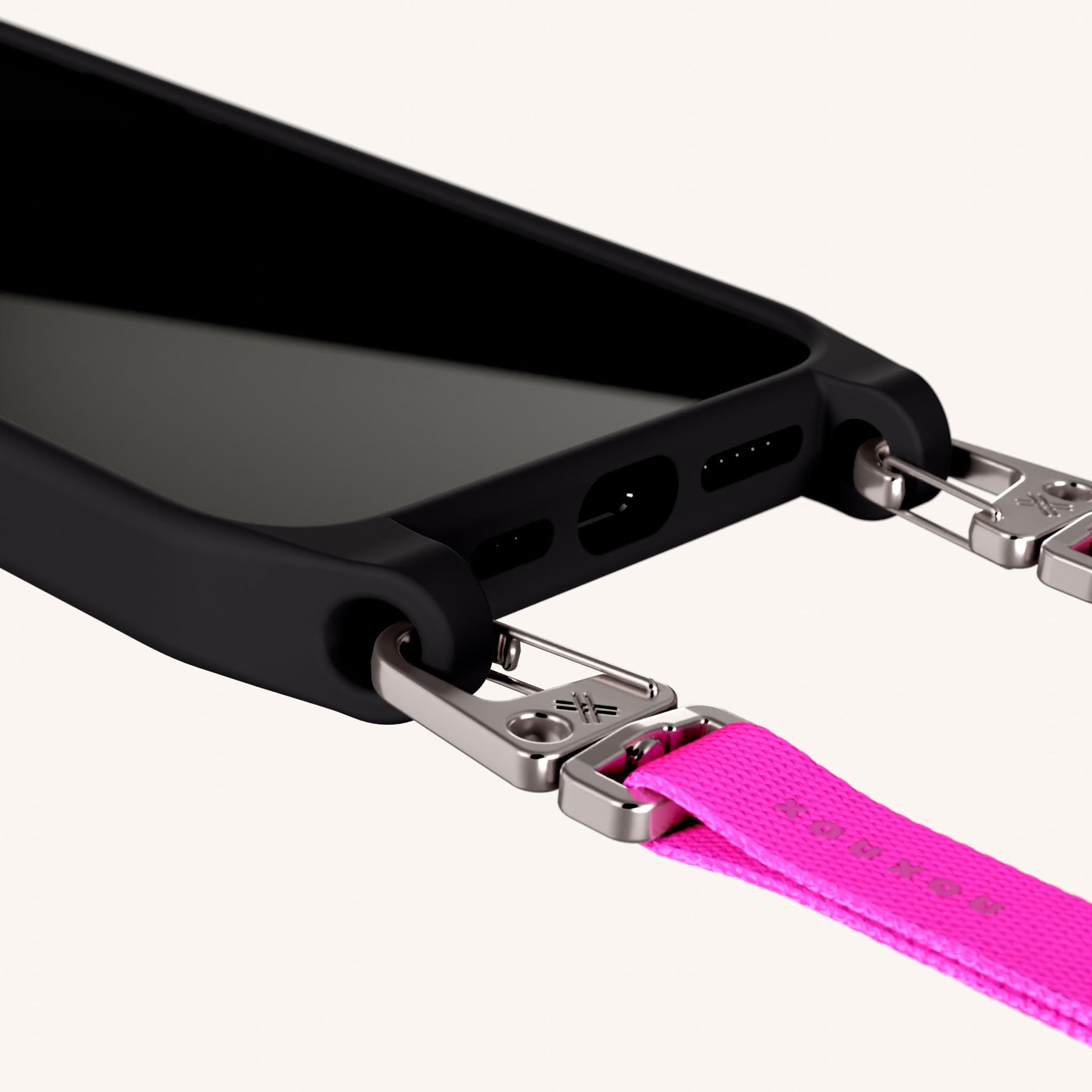 Phone Necklace with Slim Lanyard in Black + Neon Pink