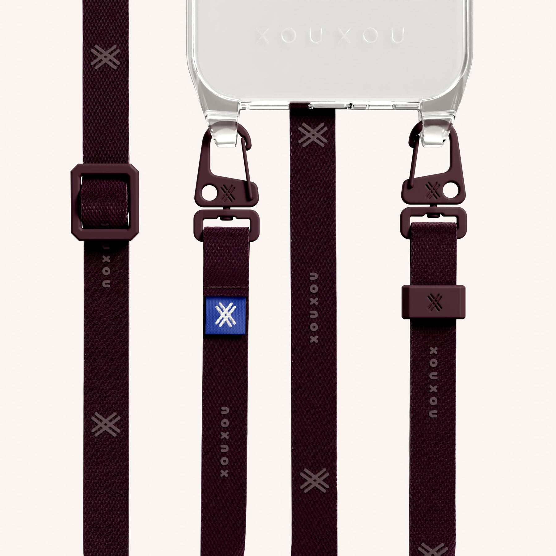 Phone Necklace with Slim Lanyard in Clear + Burgundy