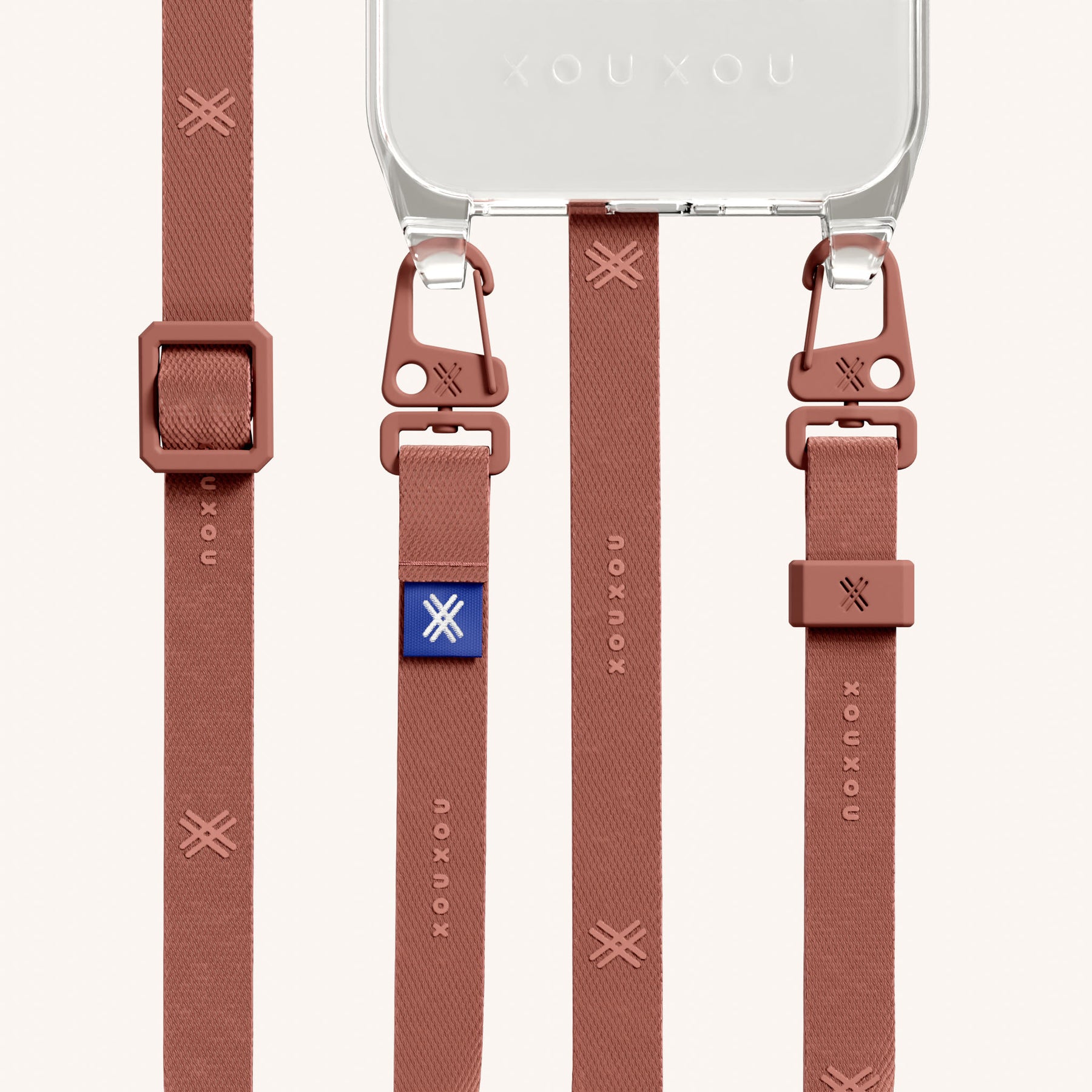 Handykette mit schmalem Gurt in Transparent + Terracotta