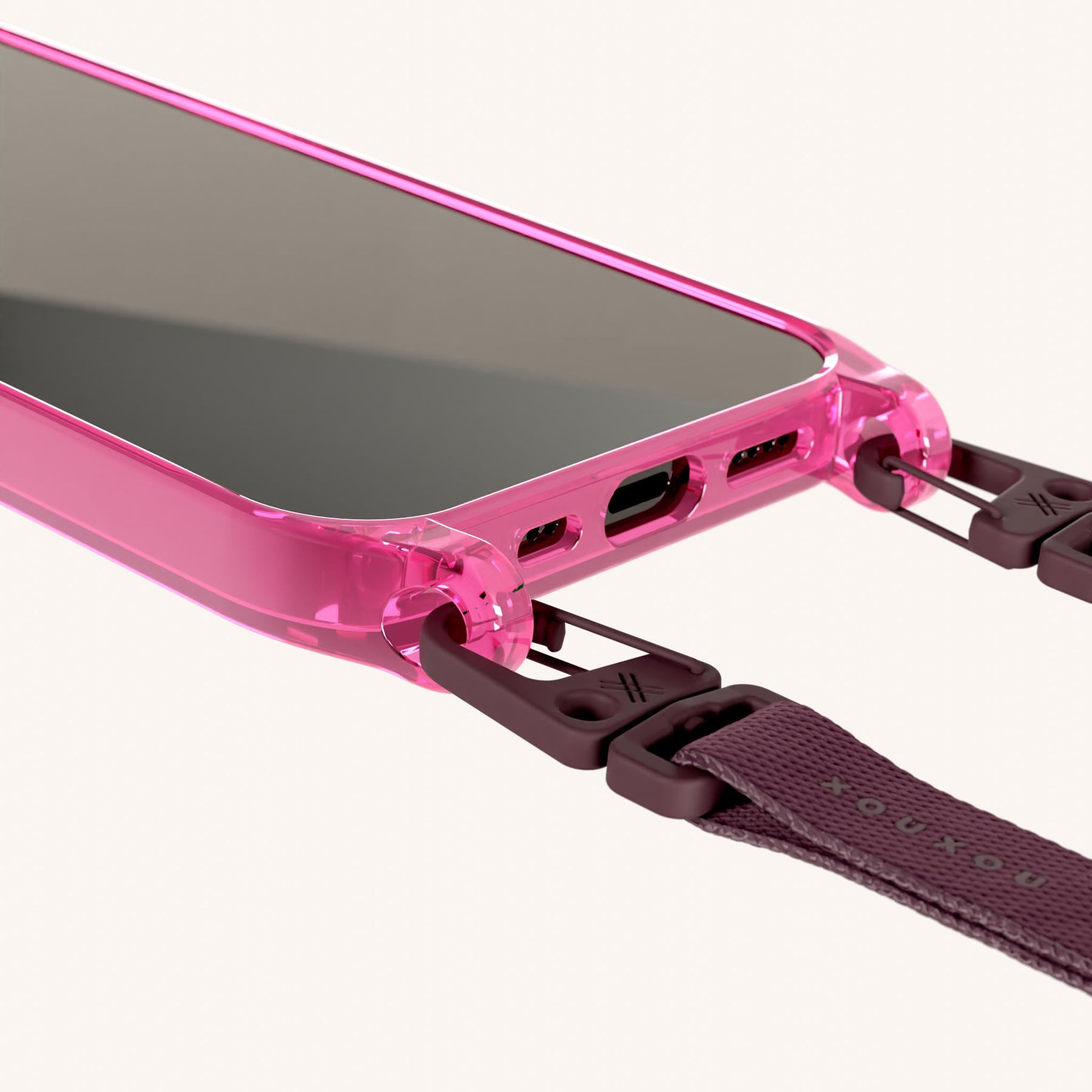 Phone Necklace with Slim Lanyard in Cyber Pink Clear + Burgundy