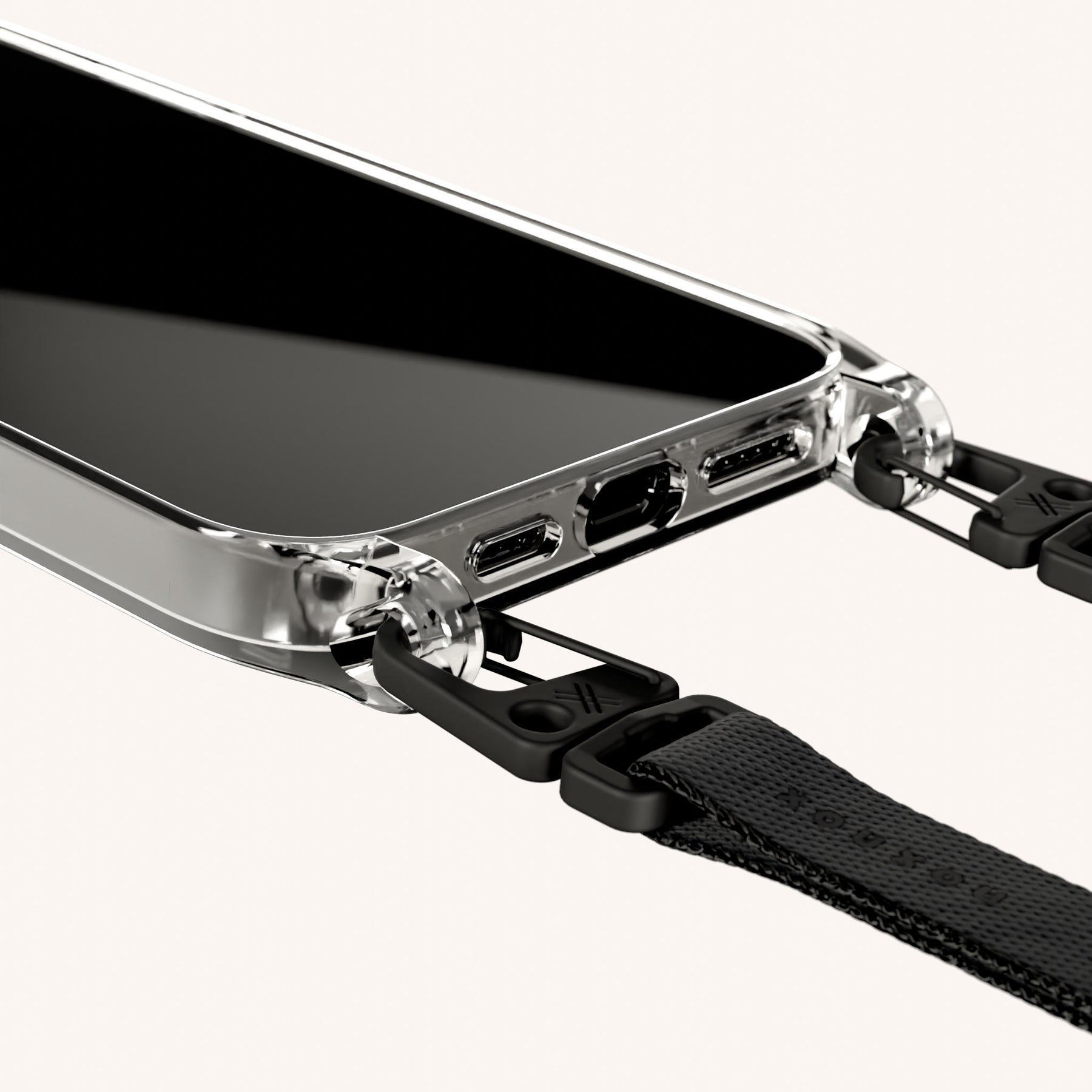 Phone Necklace with Slim Lanyard in Clear + Black