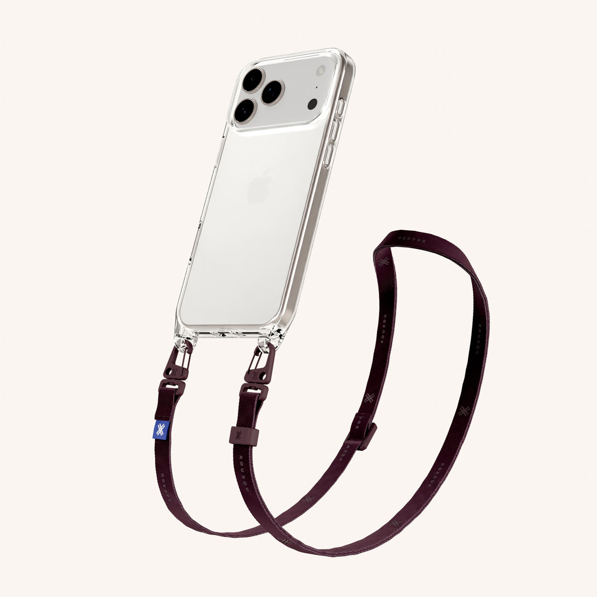 Phone Necklace with Slim Lanyard for iPhone 18 Pro Max without MagSafe in Clear + Burgundy Perspective View | XOUXOU #phone model_iphone 18 pro max