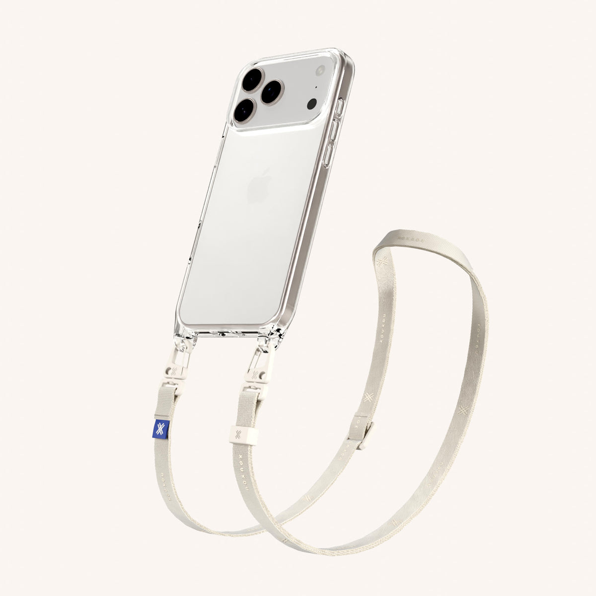 Phone Necklace with Slim Lanyard for iPhone 18 Pro Max without MagSafe in Clear + Chalk Perspective View | XOUXOU #phone model_iphone 18 pro max