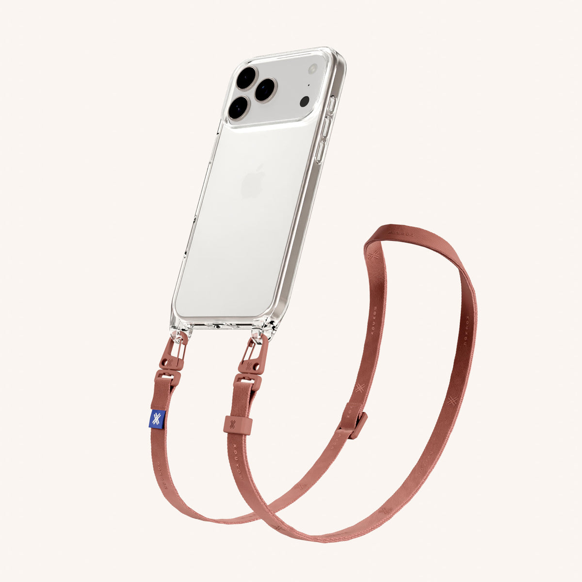 Phone Necklace with Slim Lanyard for iPhone 18 Pro Max without MagSafe in Clear + Cotta Perspective View | XOUXOU #phone model_iphone 18 pro max