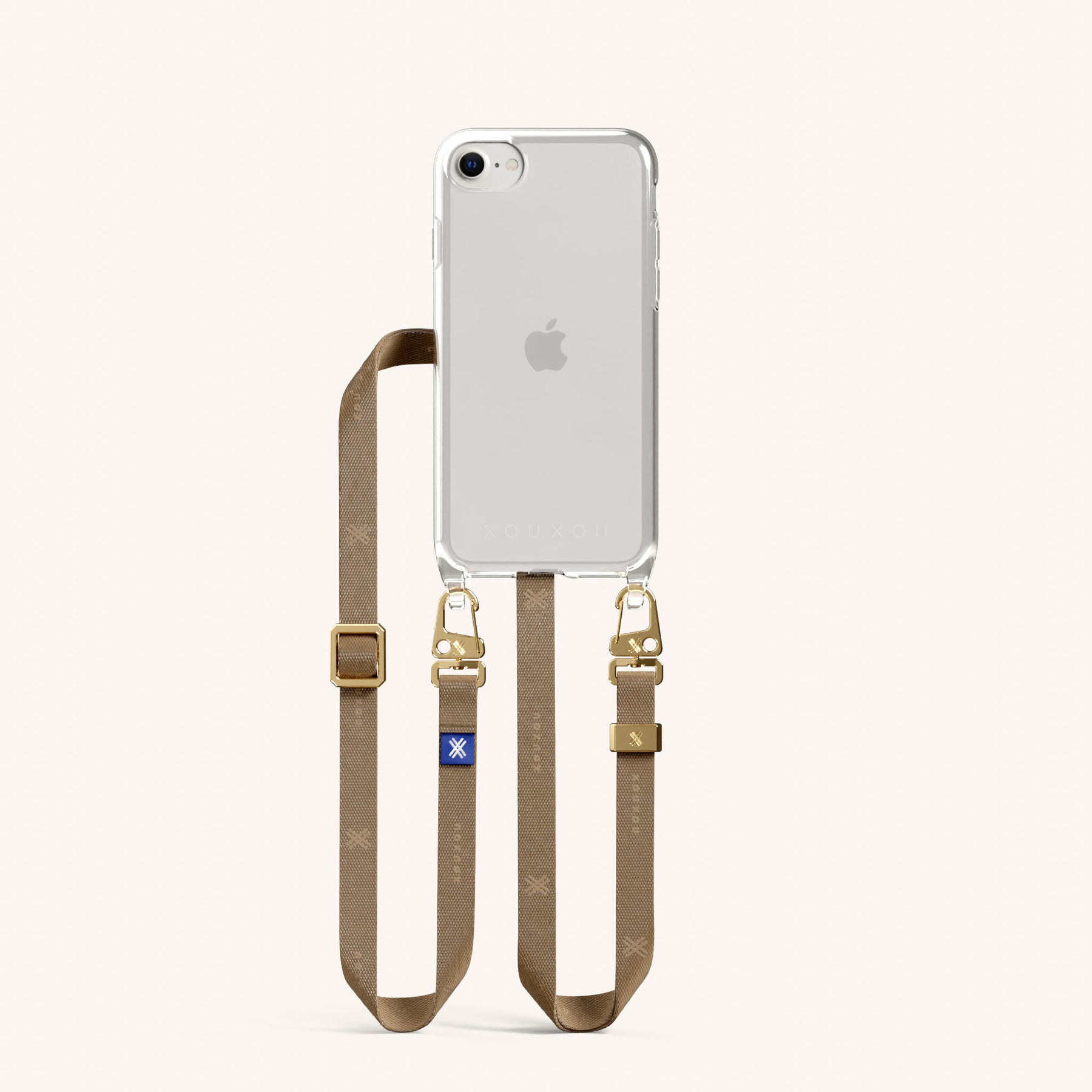 Handykette mit schmalem Gurt in Transparent + Taupe