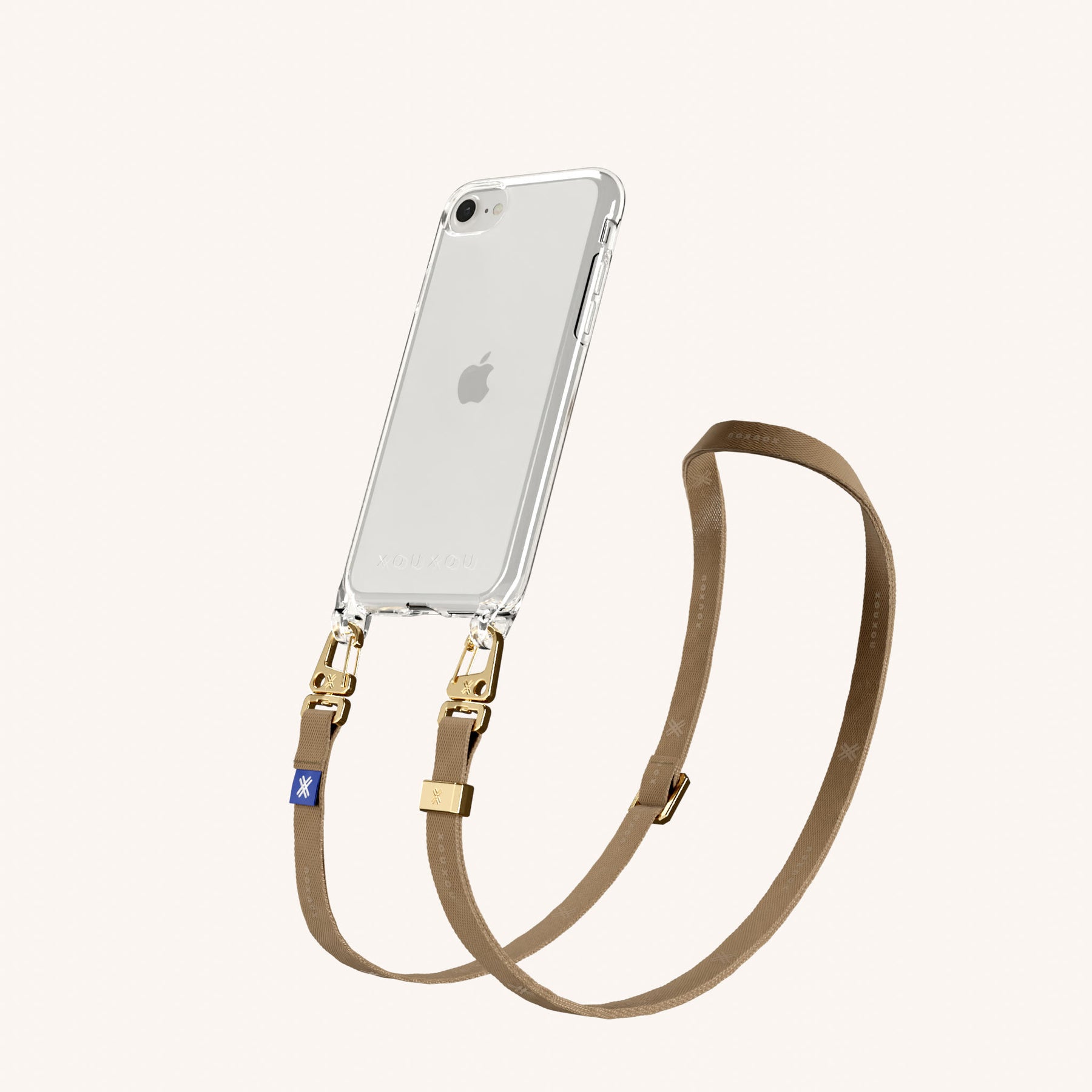 Handykette mit schmalem Gurt in Transparent + Taupe