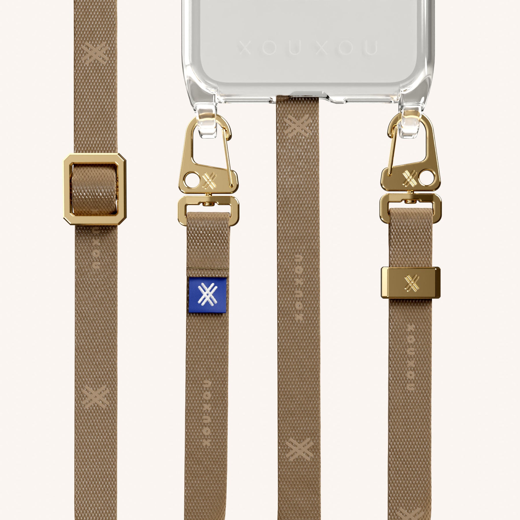 Handykette mit schmalem Gurt in Transparent + Taupe