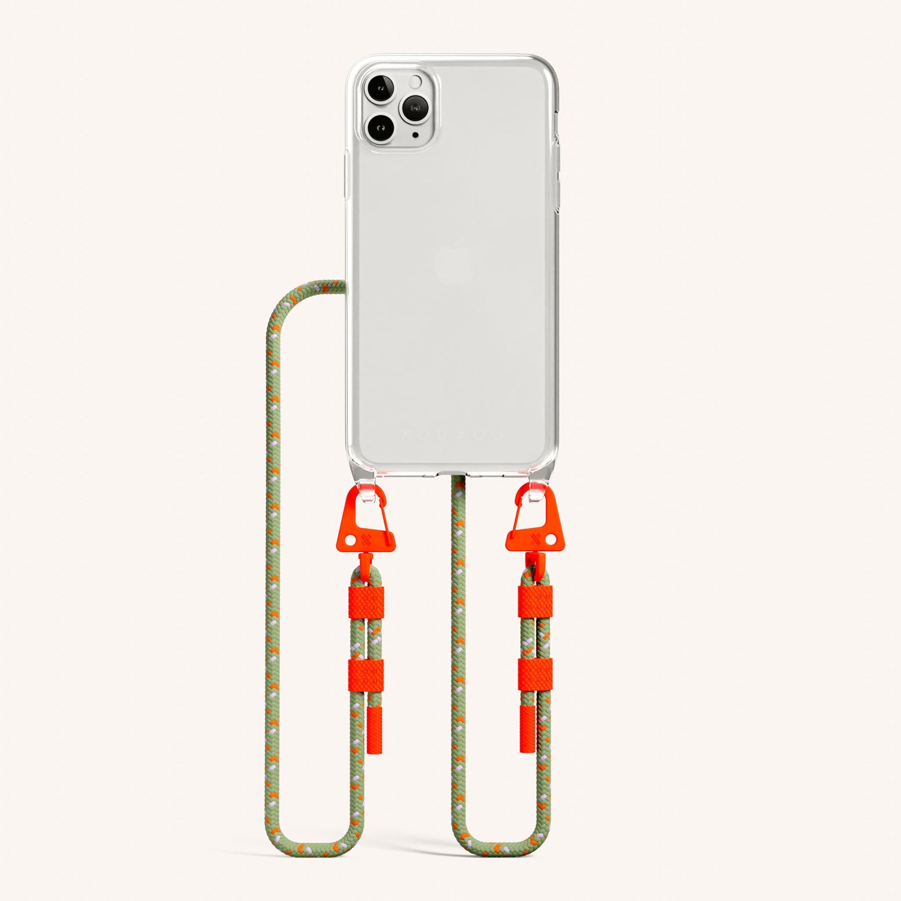 Handykette mit Karabinerband in Transparent + Orange Kamouflage
