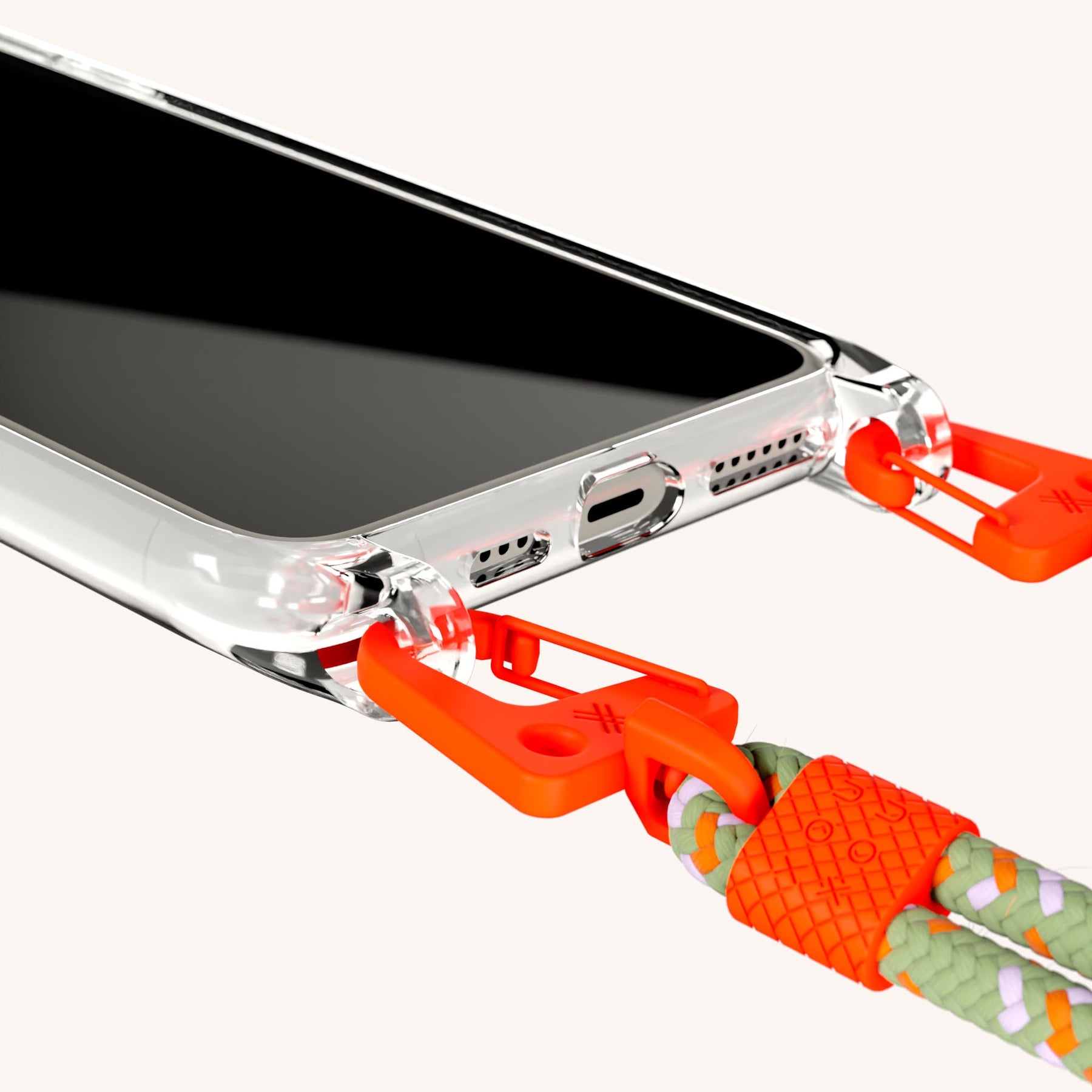 Handykette mit Karabinerband in Transparent + Orange Kamouflage