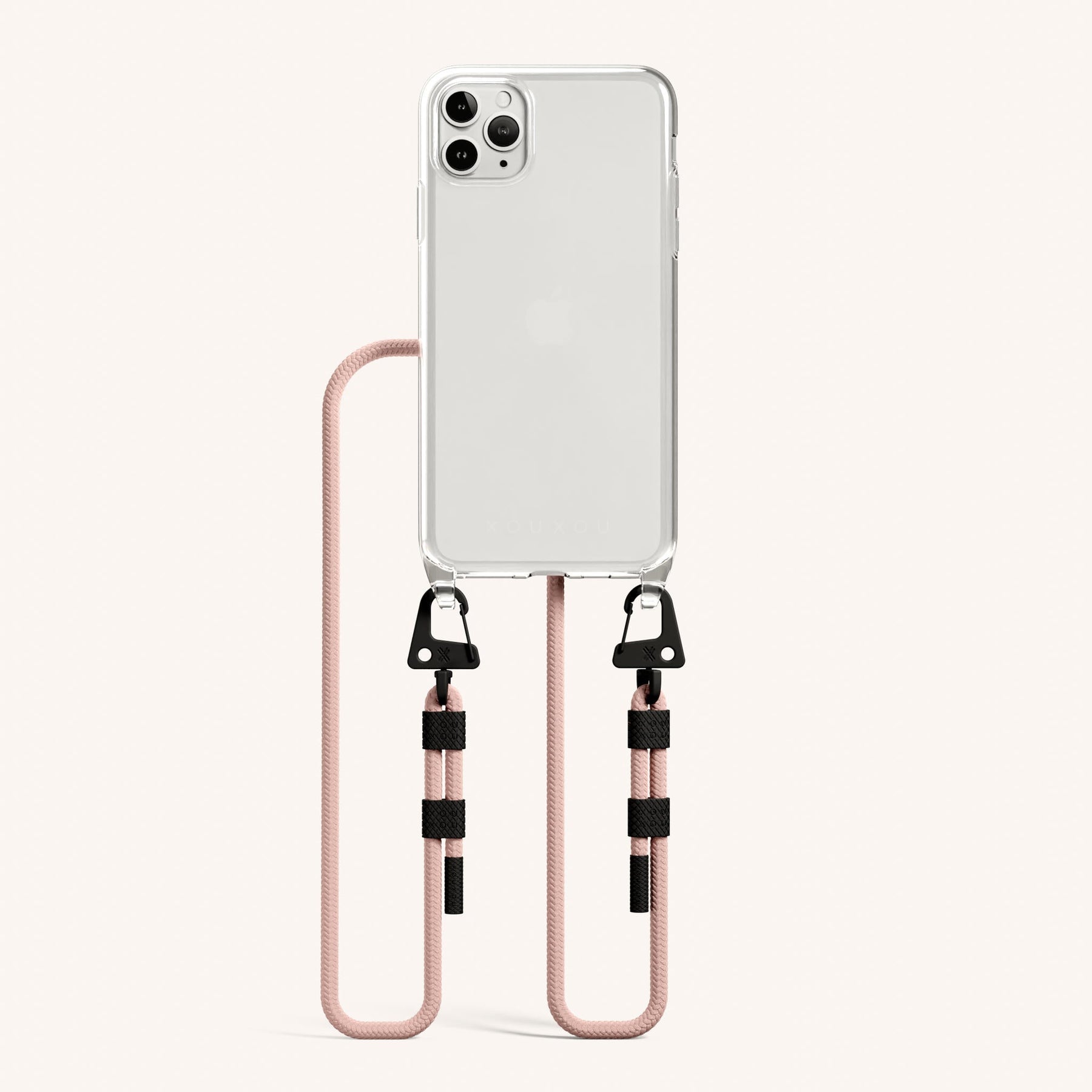 Phone Necklace with Carabiner Rope in Clear + Powder Pink