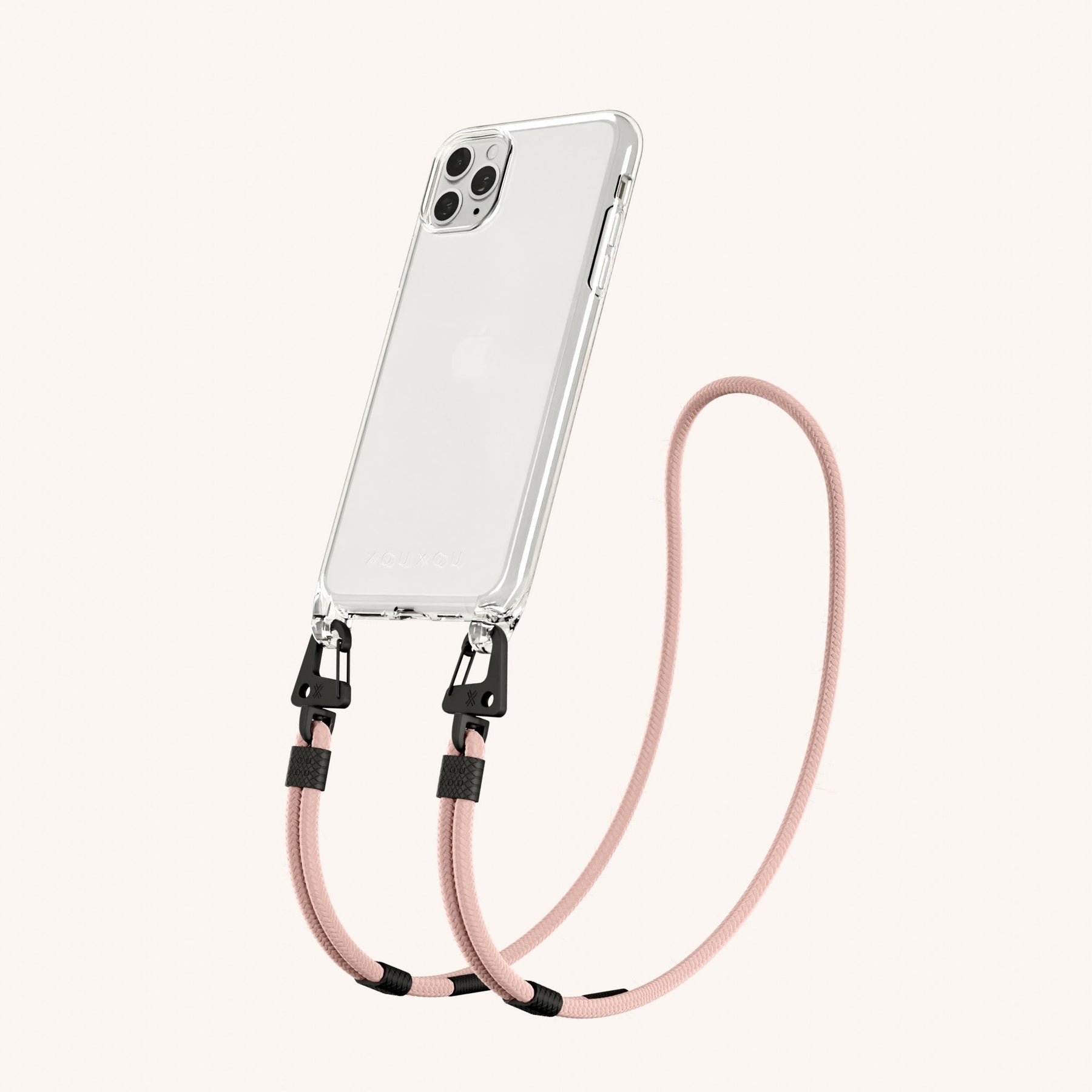 Phone Necklace with Carabiner Rope in Clear + Powder Pink