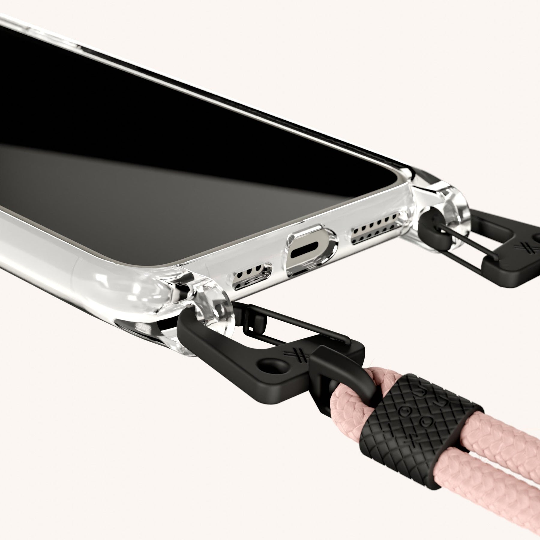 Phone Necklace with Carabiner Rope in Clear + Powder Pink