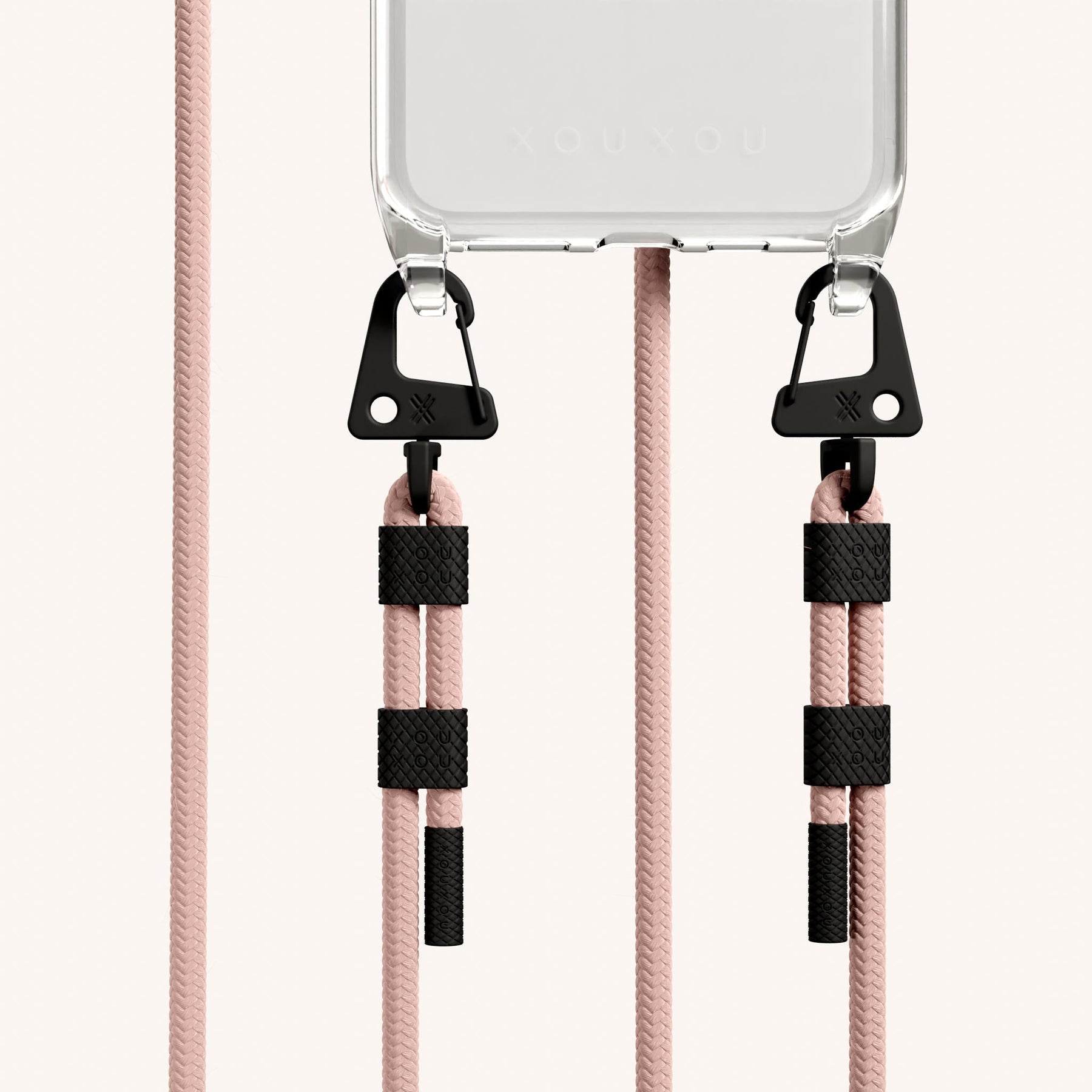 Phone Necklace with Carabiner Rope in Clear + Powder Pink
