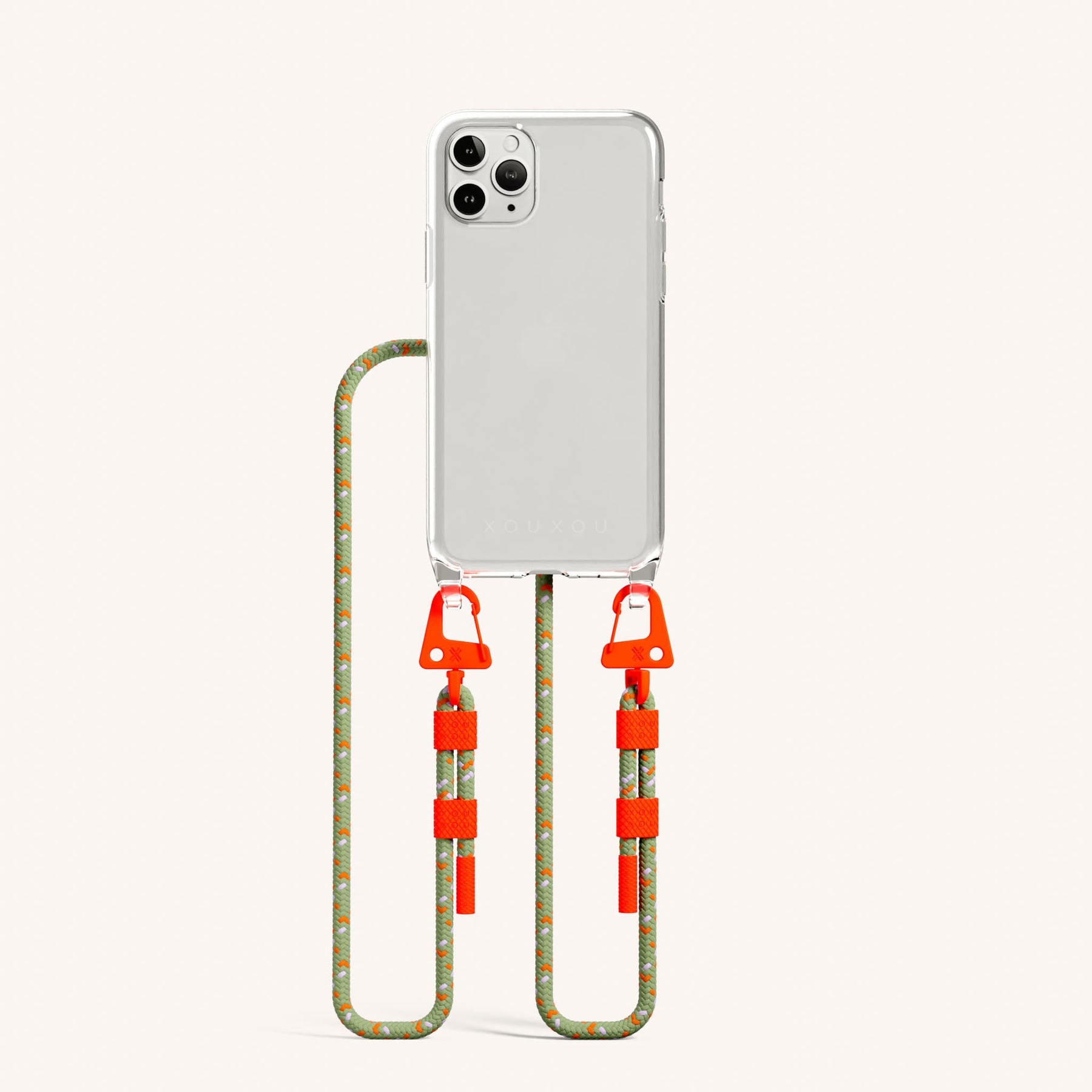 Handykette mit Karabinerband in Transparent + Orange Kamouflage