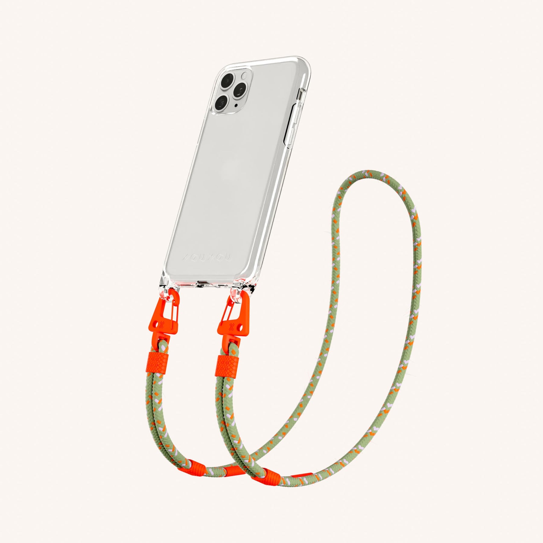Handykette mit Karabinerband in Transparent + Orange Kamouflage