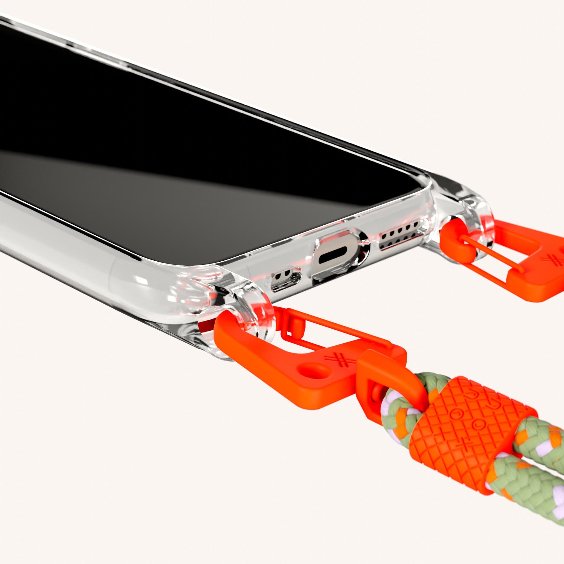 Handykette mit Karabinerband in Transparent + Orange Kamouflage