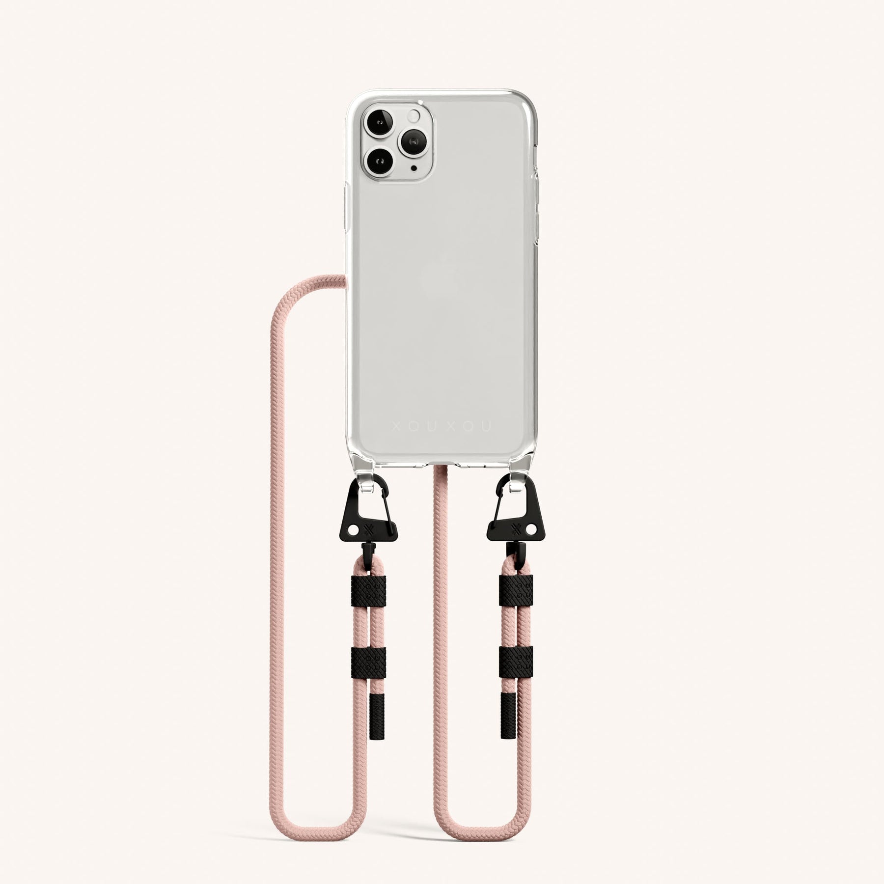 Phone Necklace with Carabiner Rope in Clear + Powder Pink