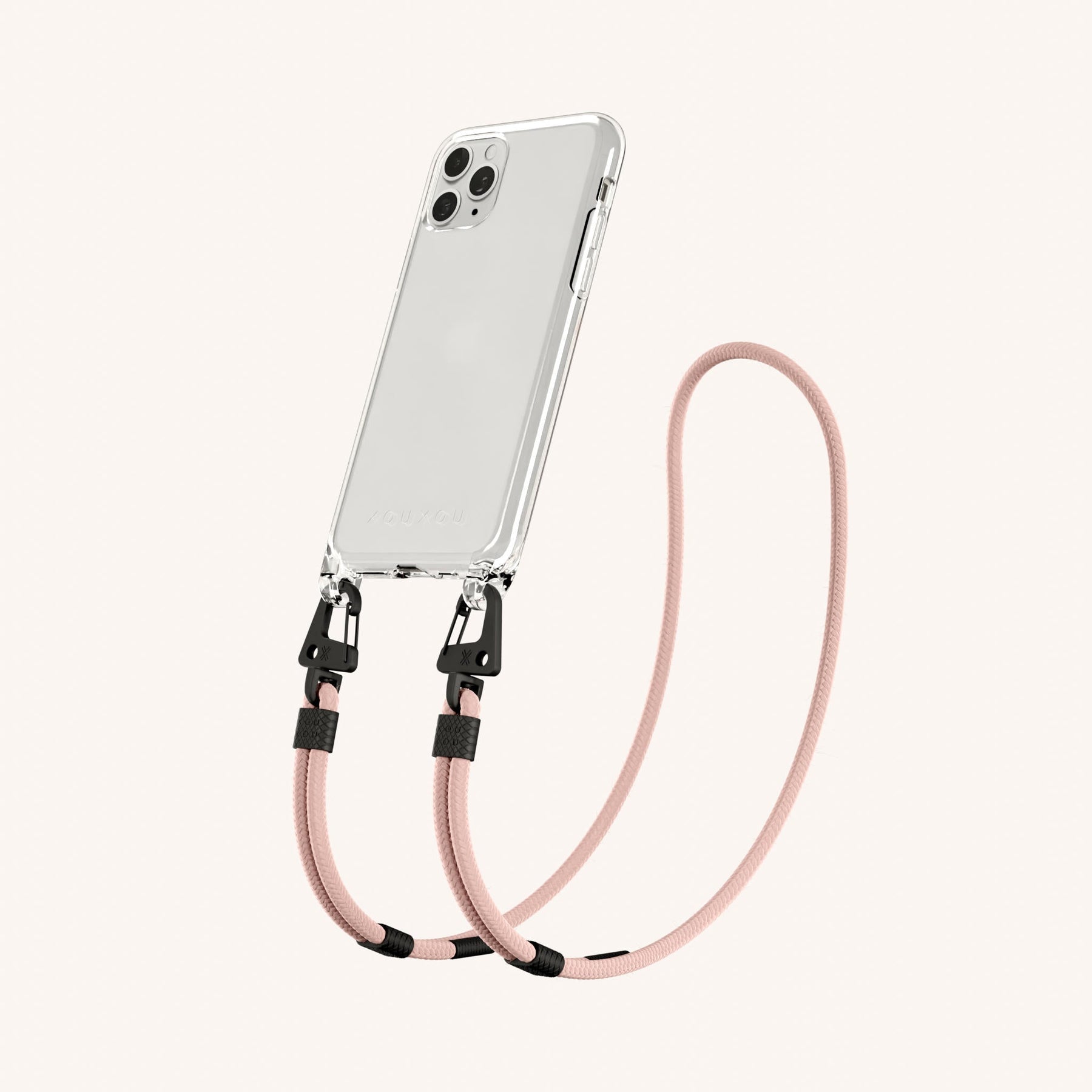 Phone Necklace with Carabiner Rope in Clear + Powder Pink