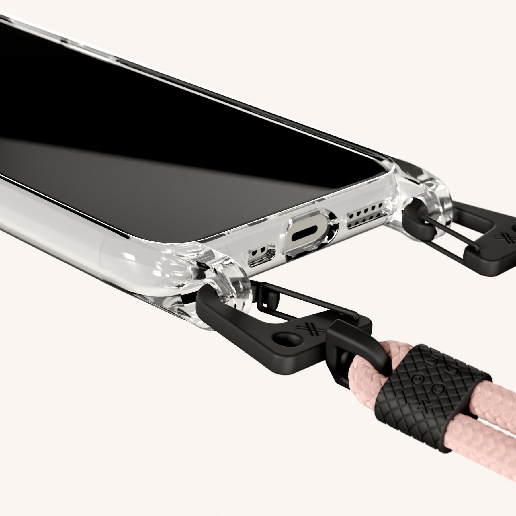 Phone Necklace with Carabiner Rope in Clear + Powder Pink