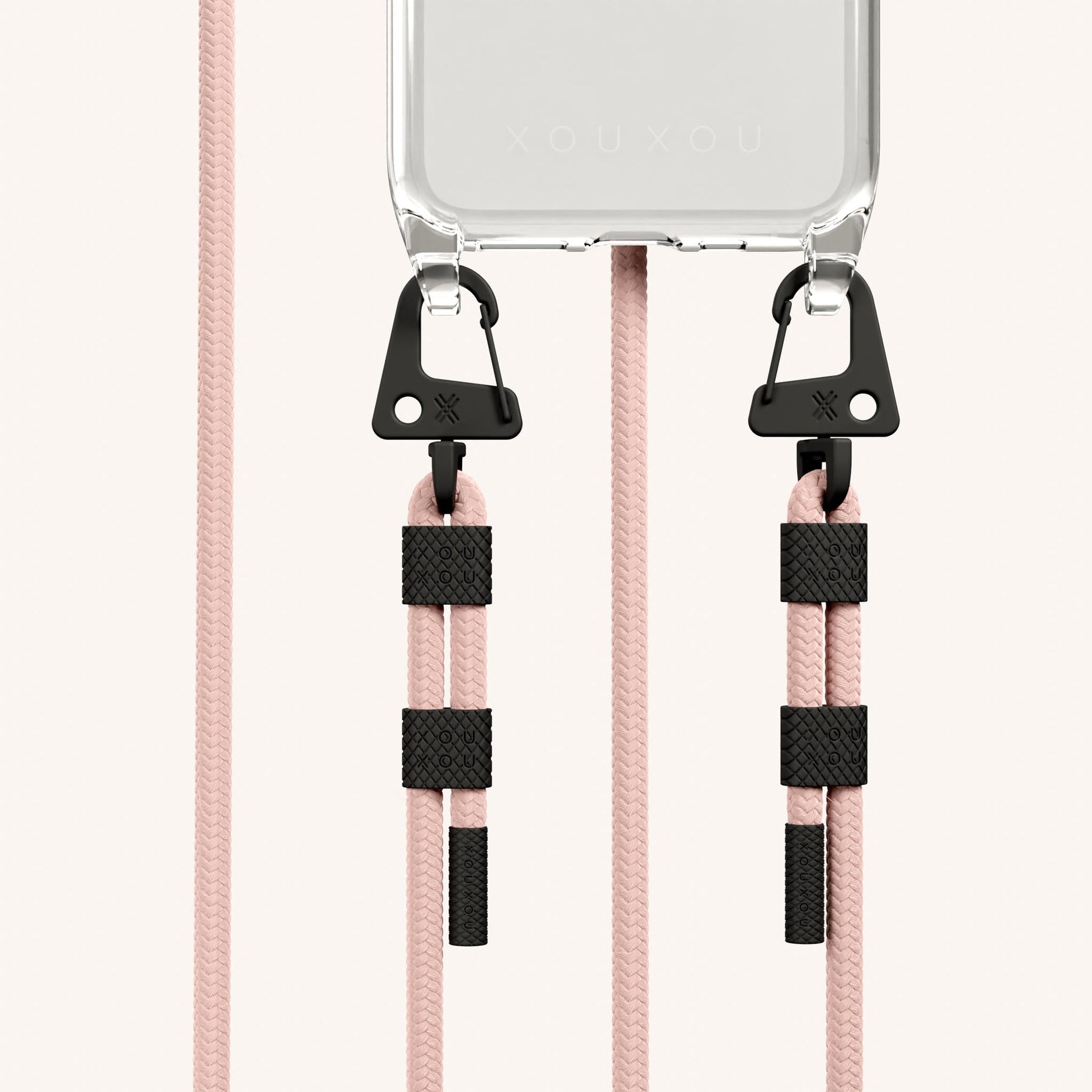 Phone Necklace with Carabiner Rope in Clear + Powder Pink
