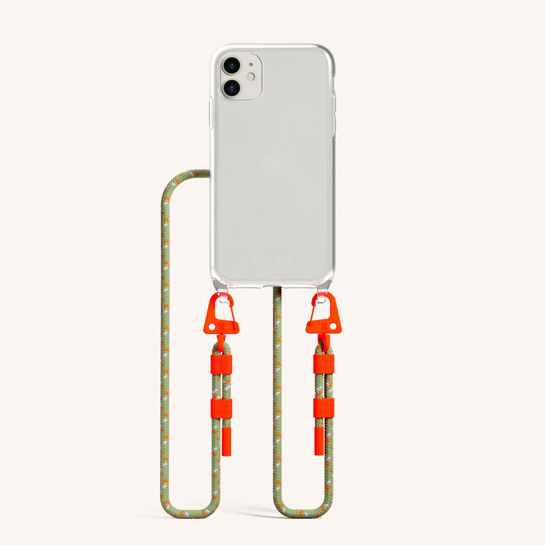 Handykette mit Karabinerband in Transparent + Orange Kamouflage
