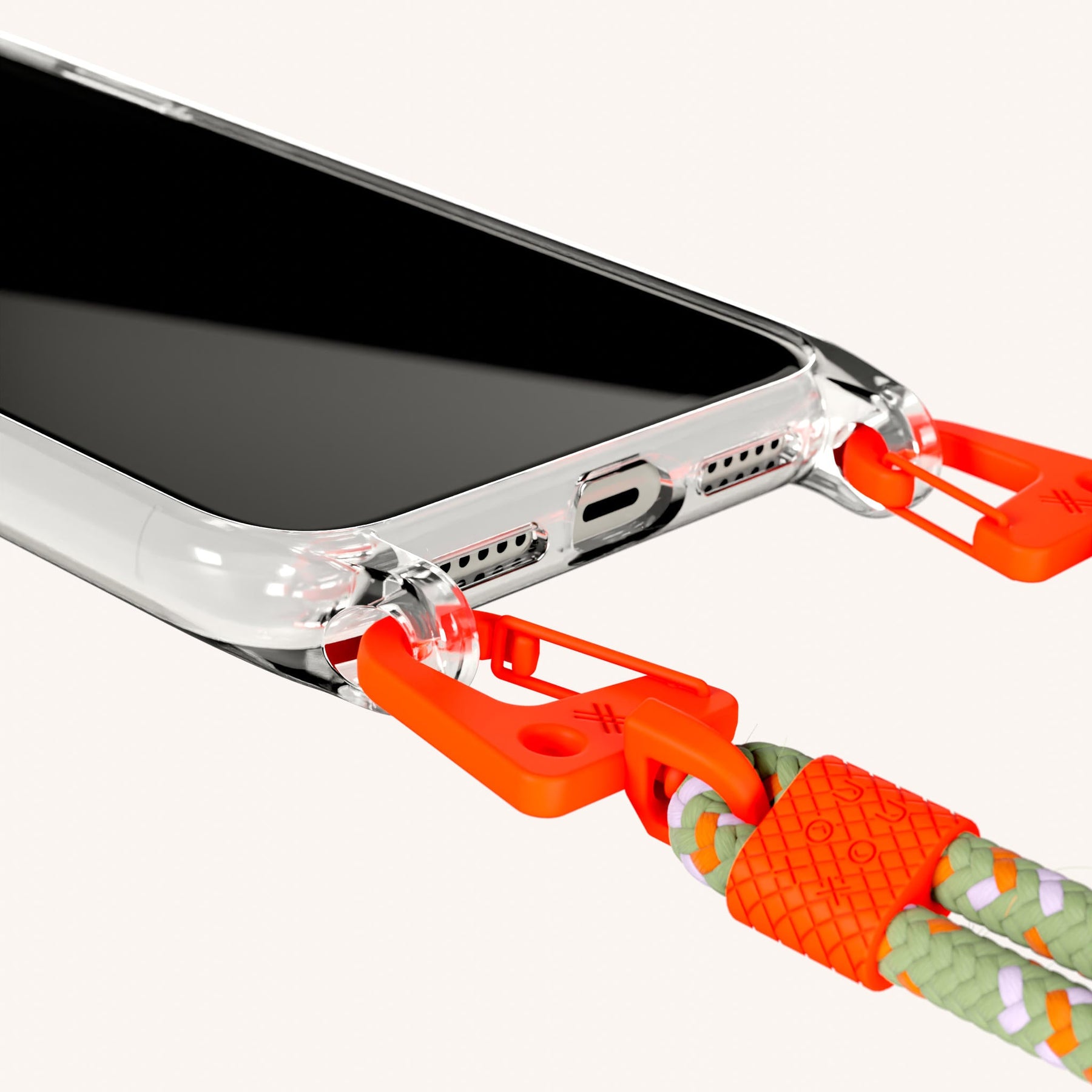 Handykette mit Karabinerband in Transparent + Orange Kamouflage