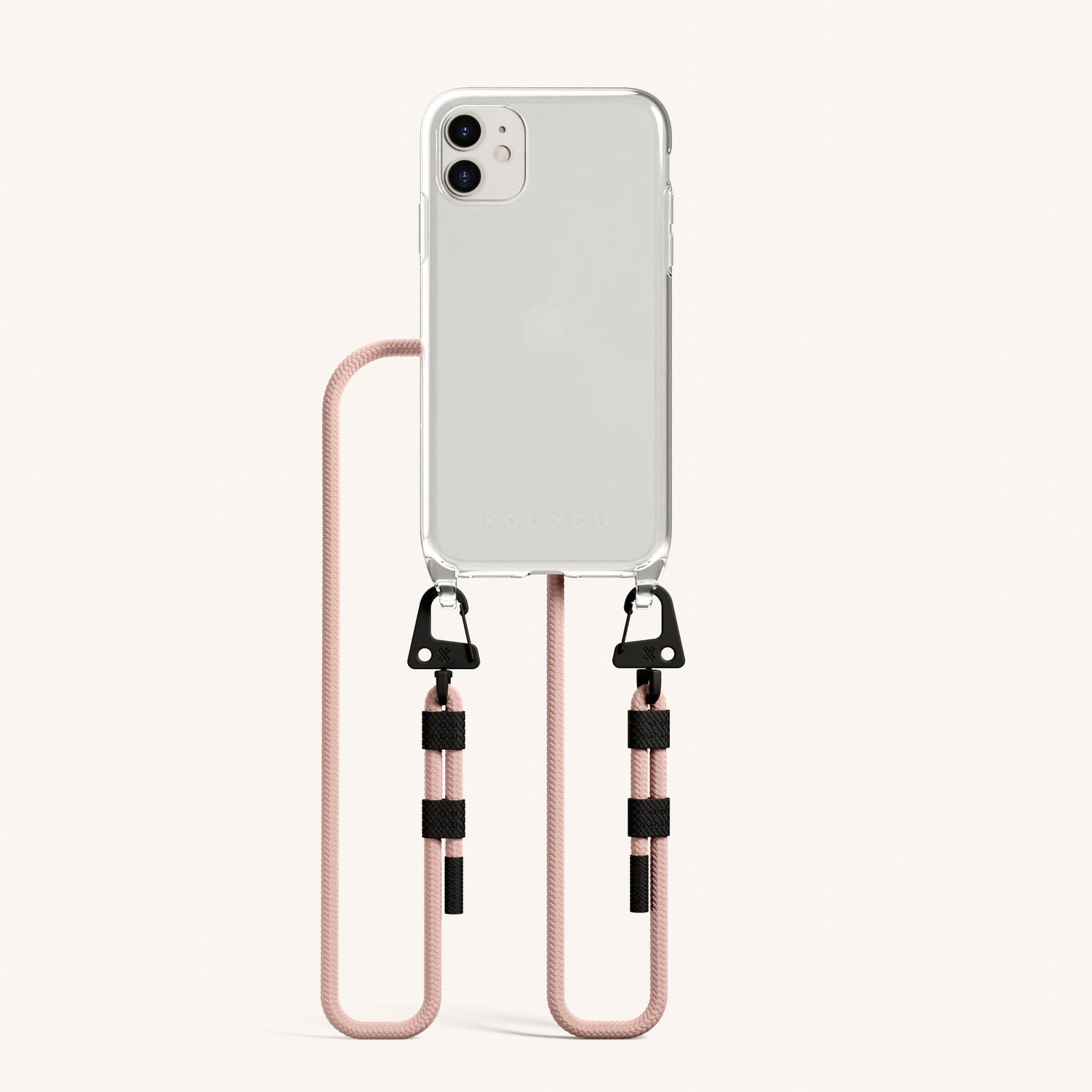 Phone Necklace with Carabiner Rope in Clear + Powder Pink