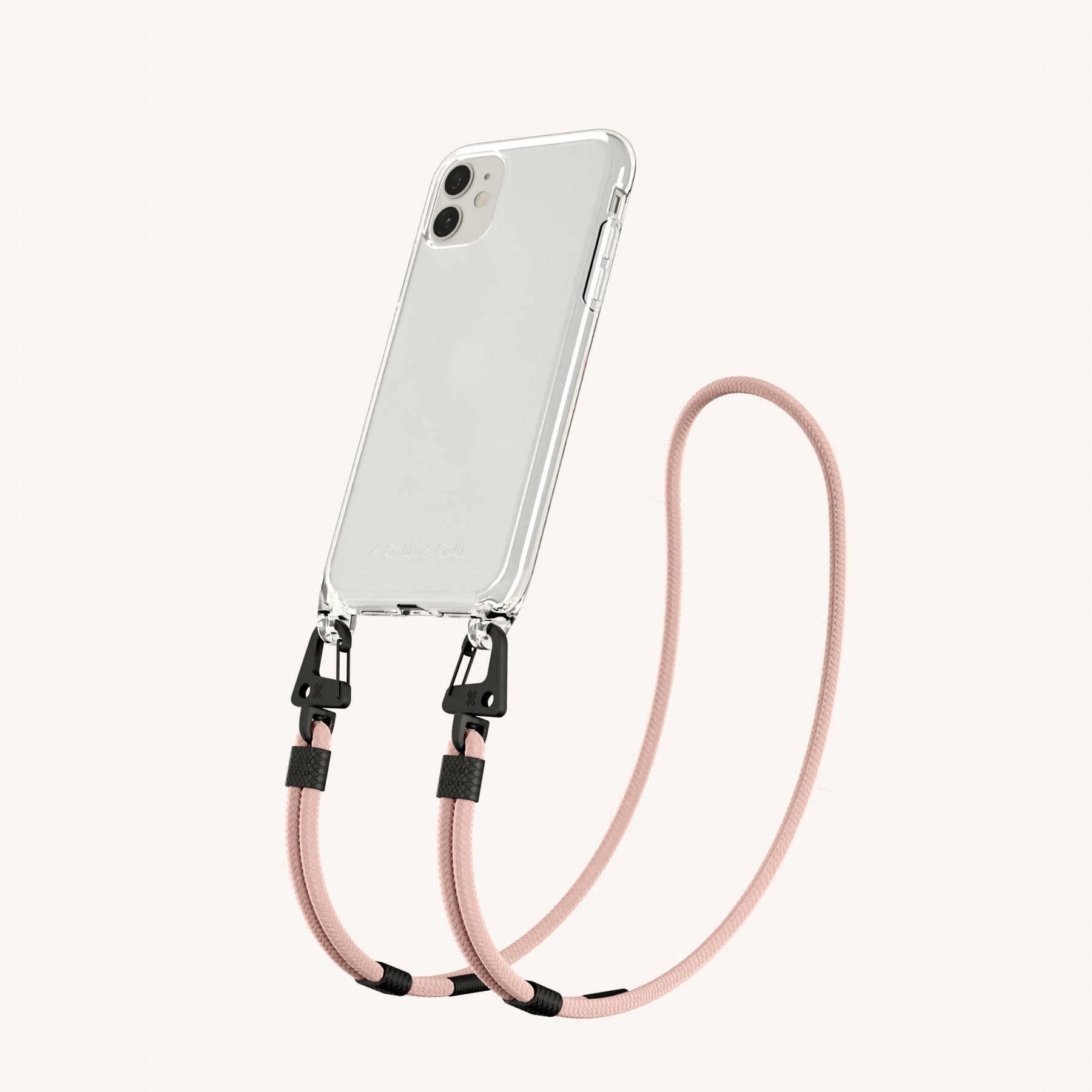 Phone Necklace with Carabiner Rope in Clear + Powder Pink