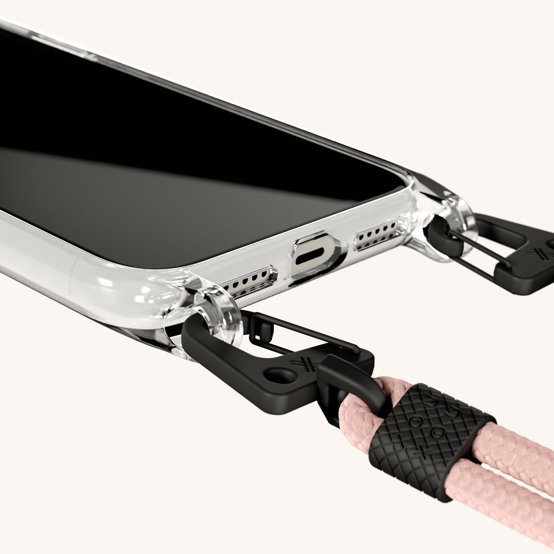 Phone Necklace with Carabiner Rope in Clear + Powder Pink