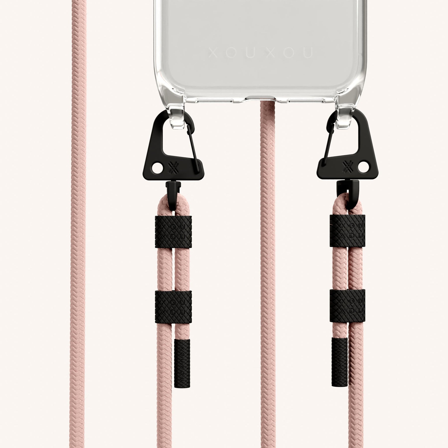Phone Necklace with Carabiner Rope in Clear + Powder Pink