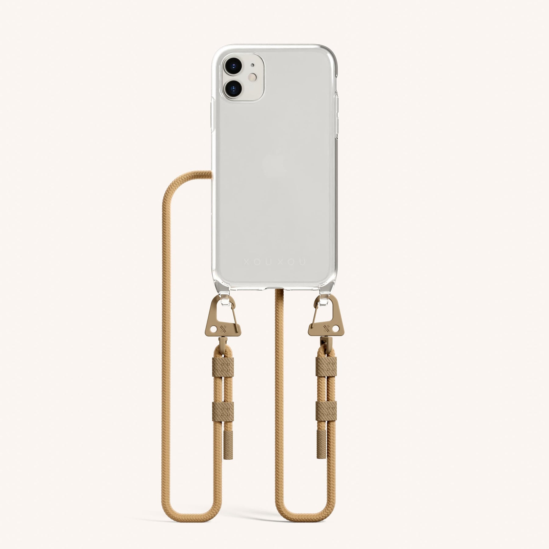 Phone Necklace with Carabiner Rope in Clear + Sand