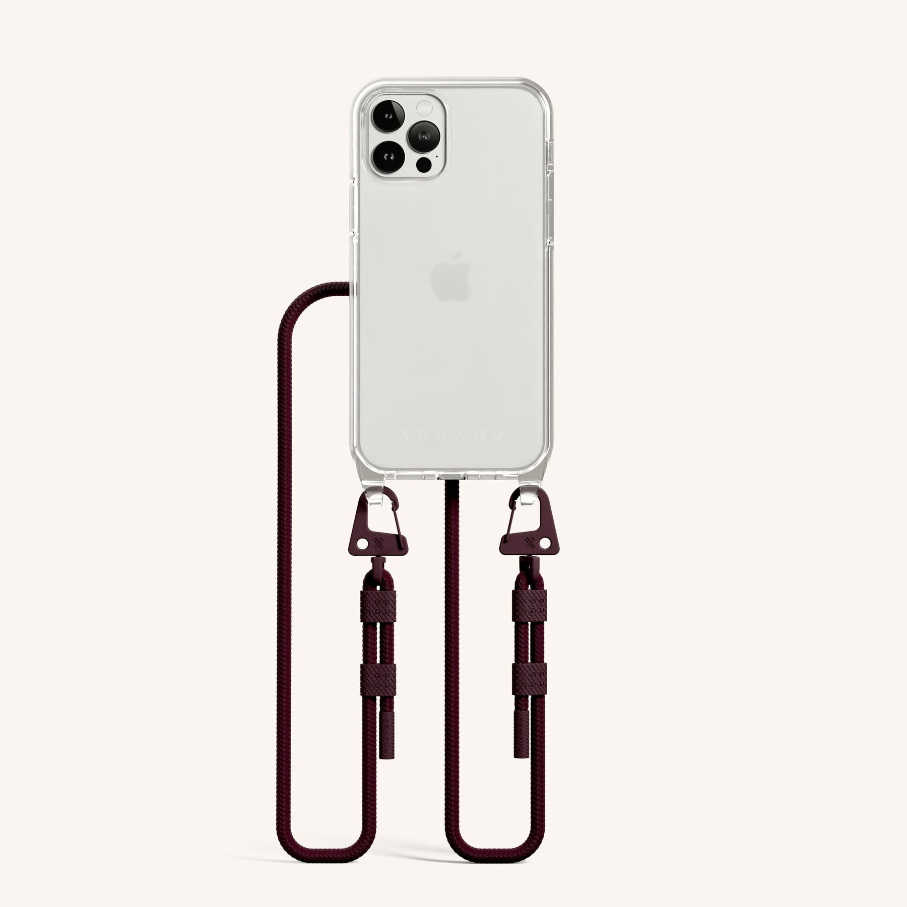 Phone Necklace with Carabiner Rope in Clear + Burgundy