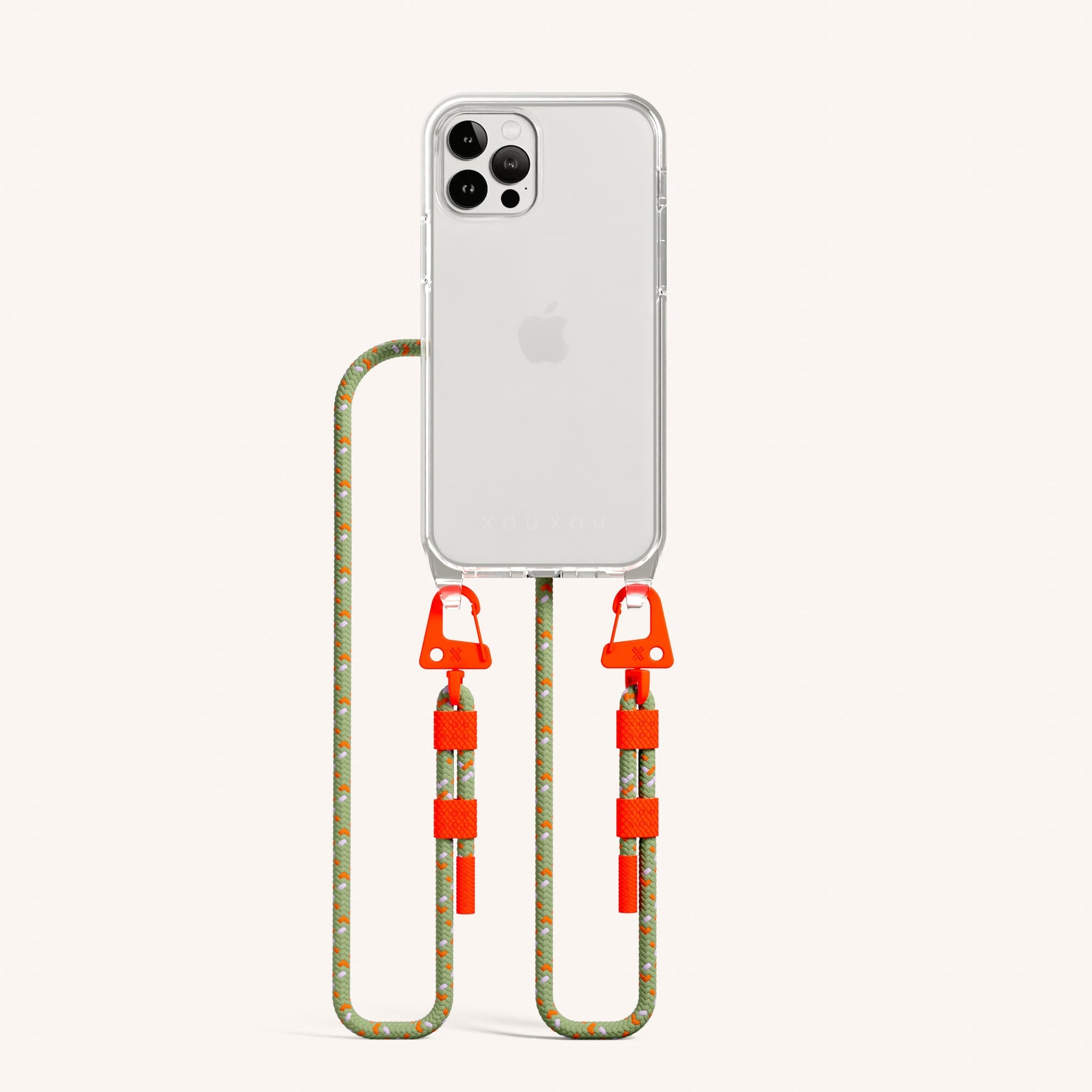 Phone Necklace with Carabiner Rope in Clear + Orange Camouflage