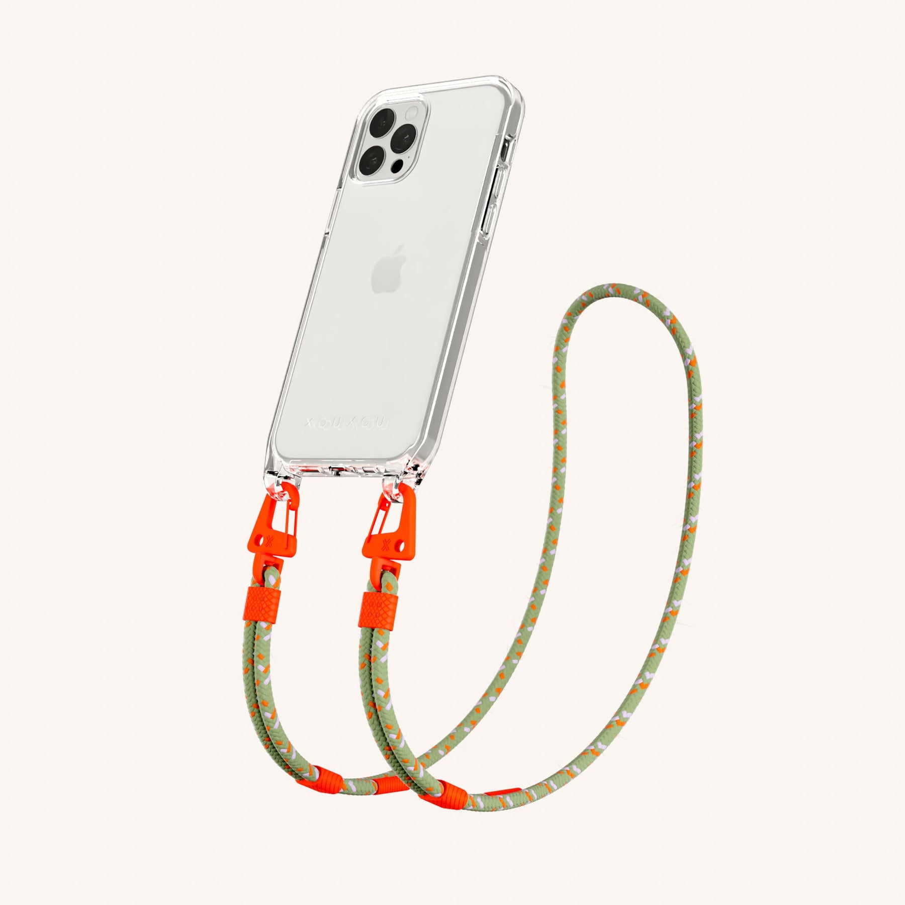 Phone Necklace with Carabiner Rope in Clear + Orange Camouflage