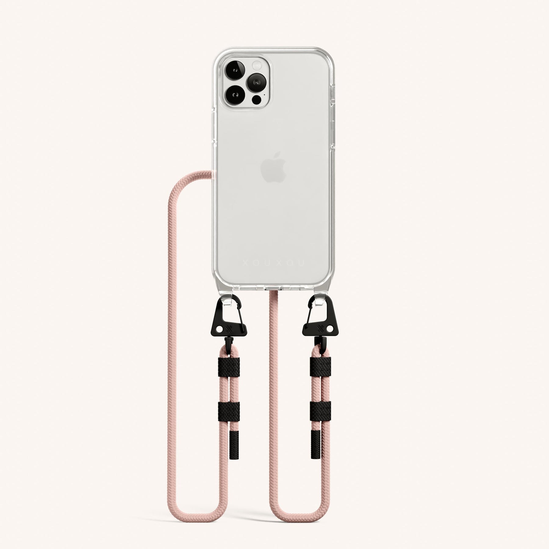 Phone Necklace with Carabiner Rope in Clear + Powder Pink