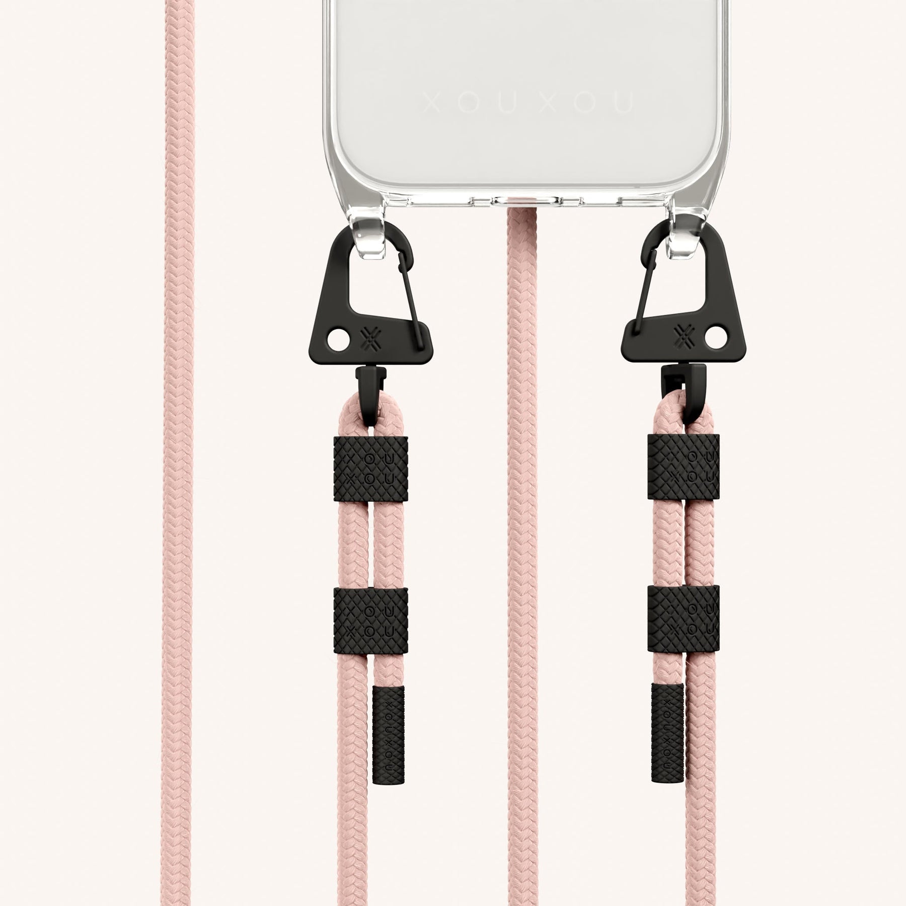 Phone Necklace with Carabiner Rope in Clear + Powder Pink