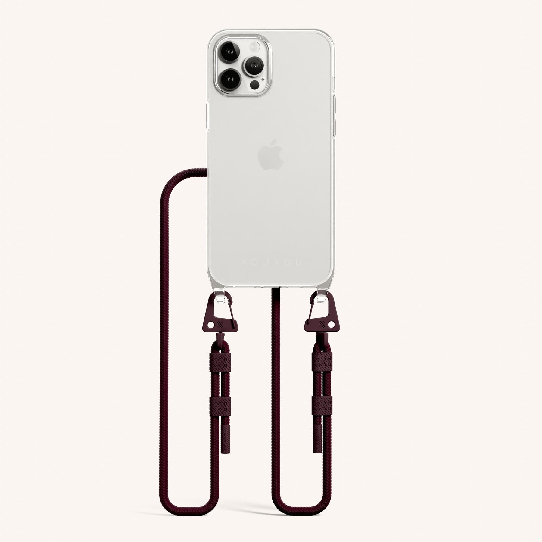 Handykette mit Karabinerband in Transparent + Weinrot