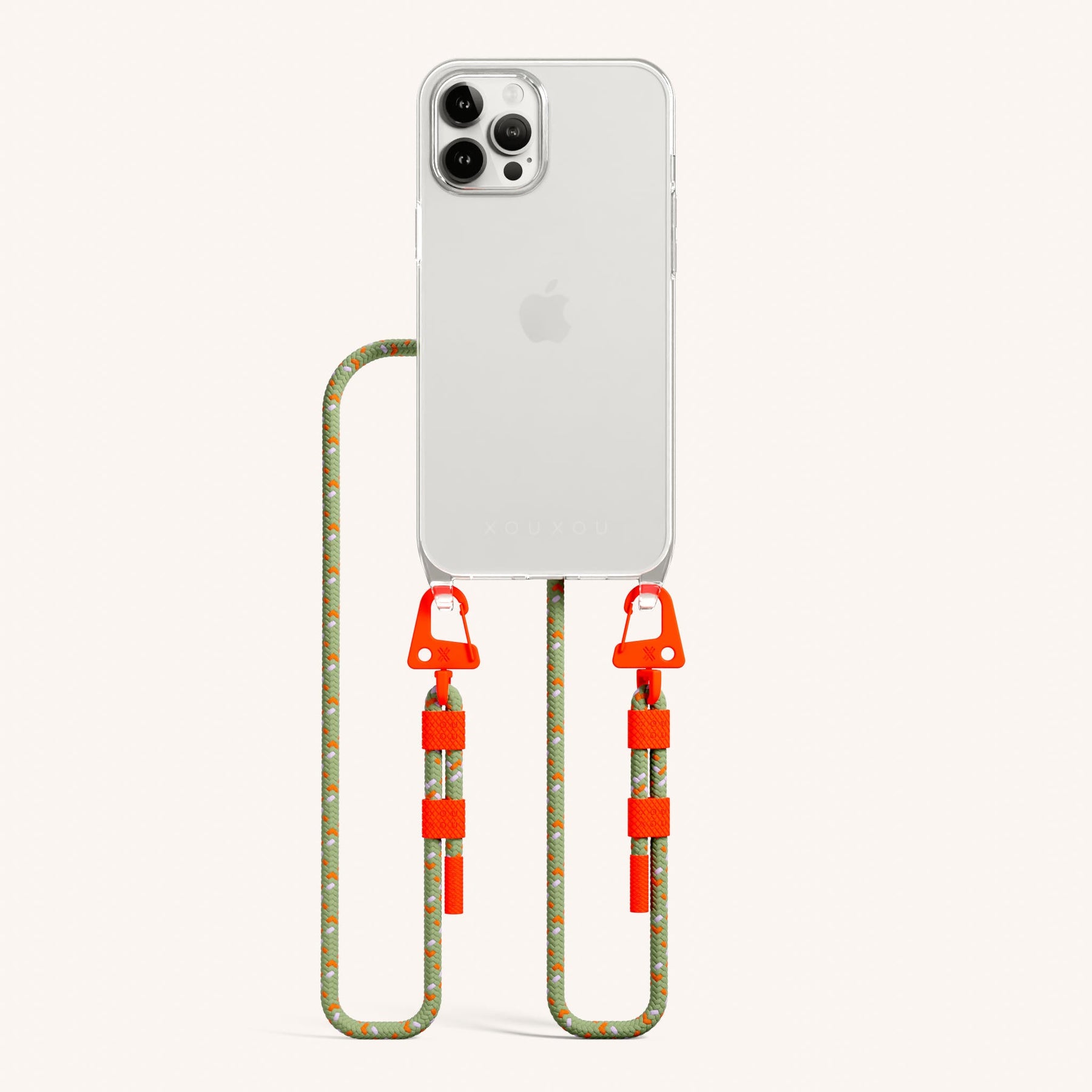 Handykette mit Karabinerband in Transparent + Orange Kamouflage