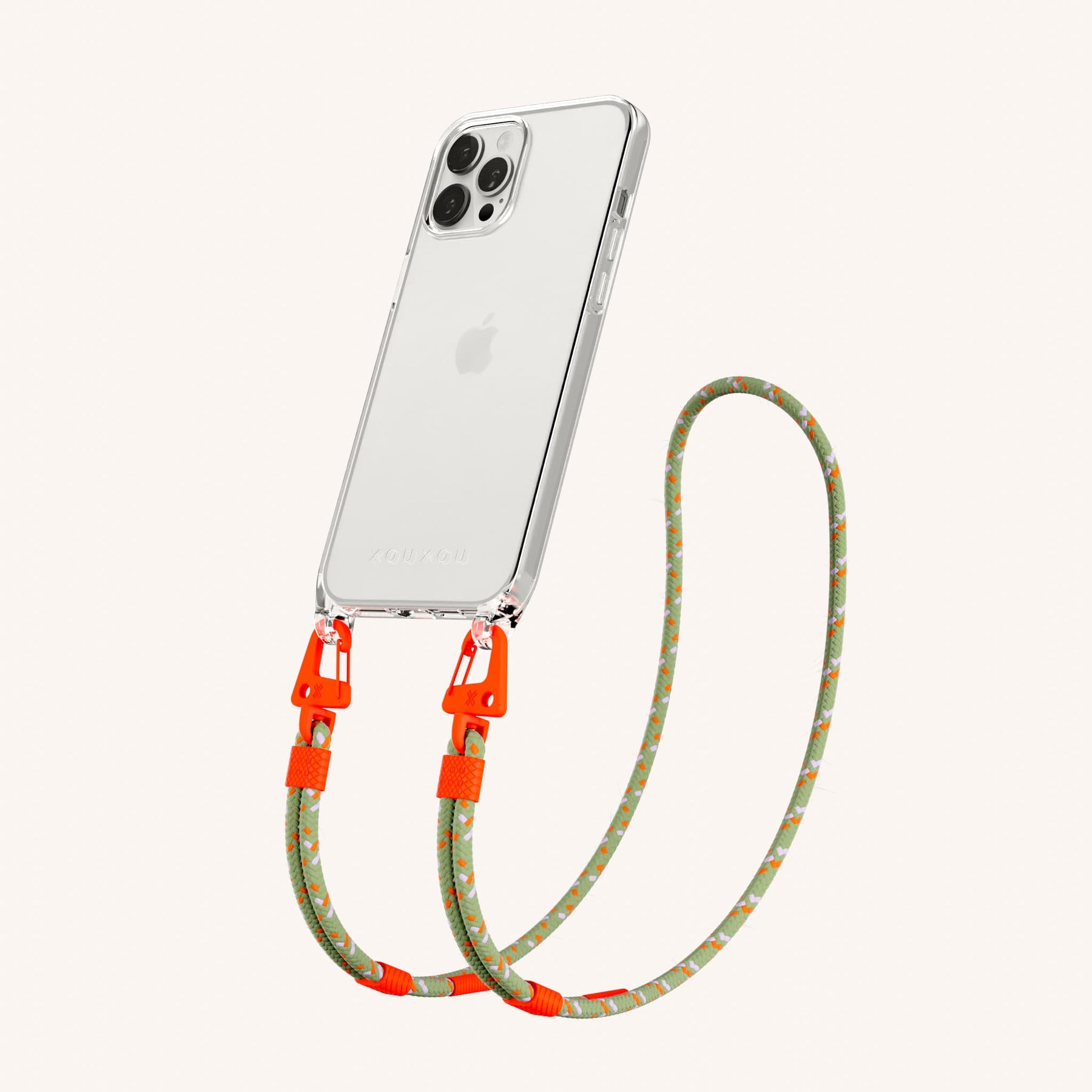 Handykette mit Karabinerband in Transparent + Orange Kamouflage