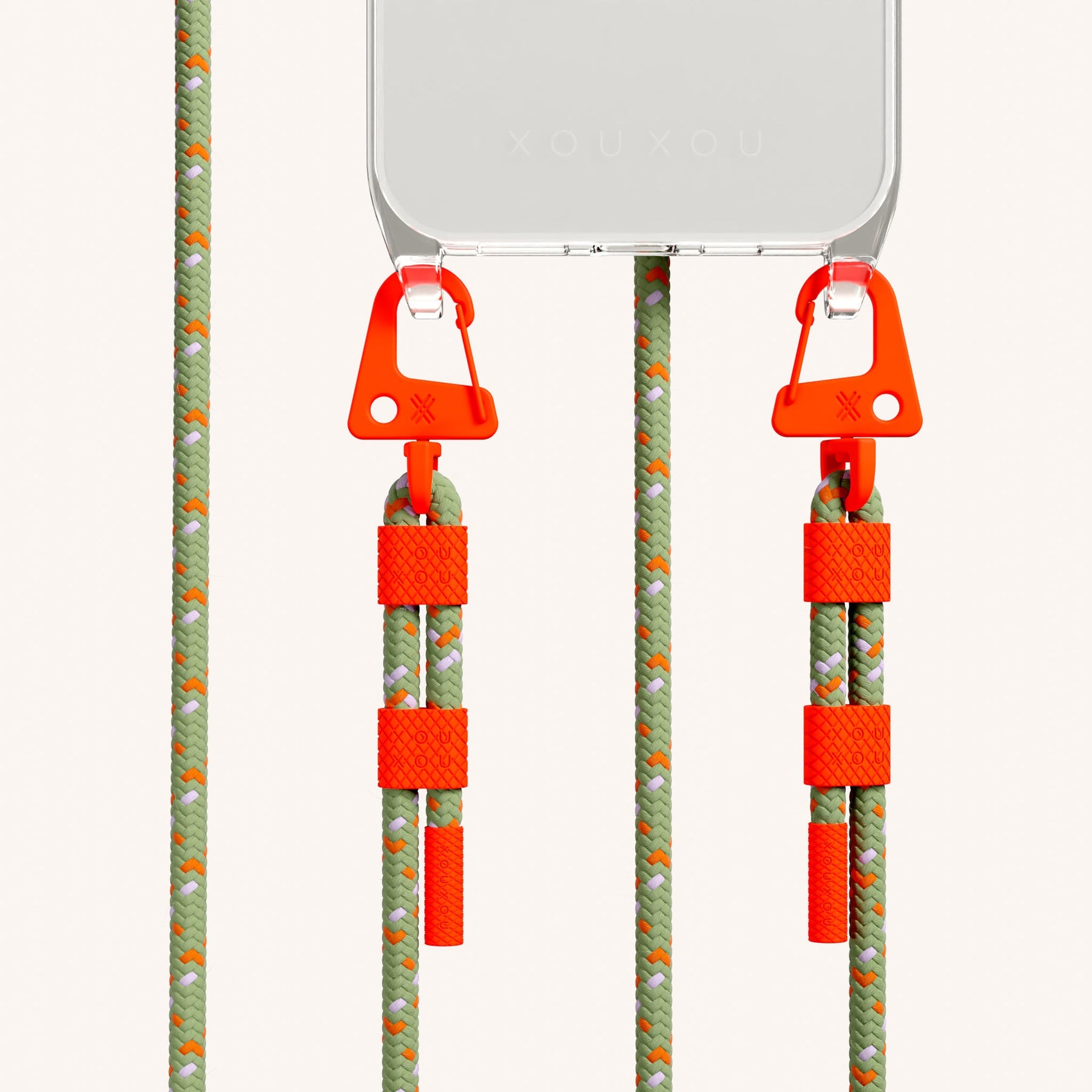 Handykette mit Karabinerband in Transparent + Orange Kamouflage
