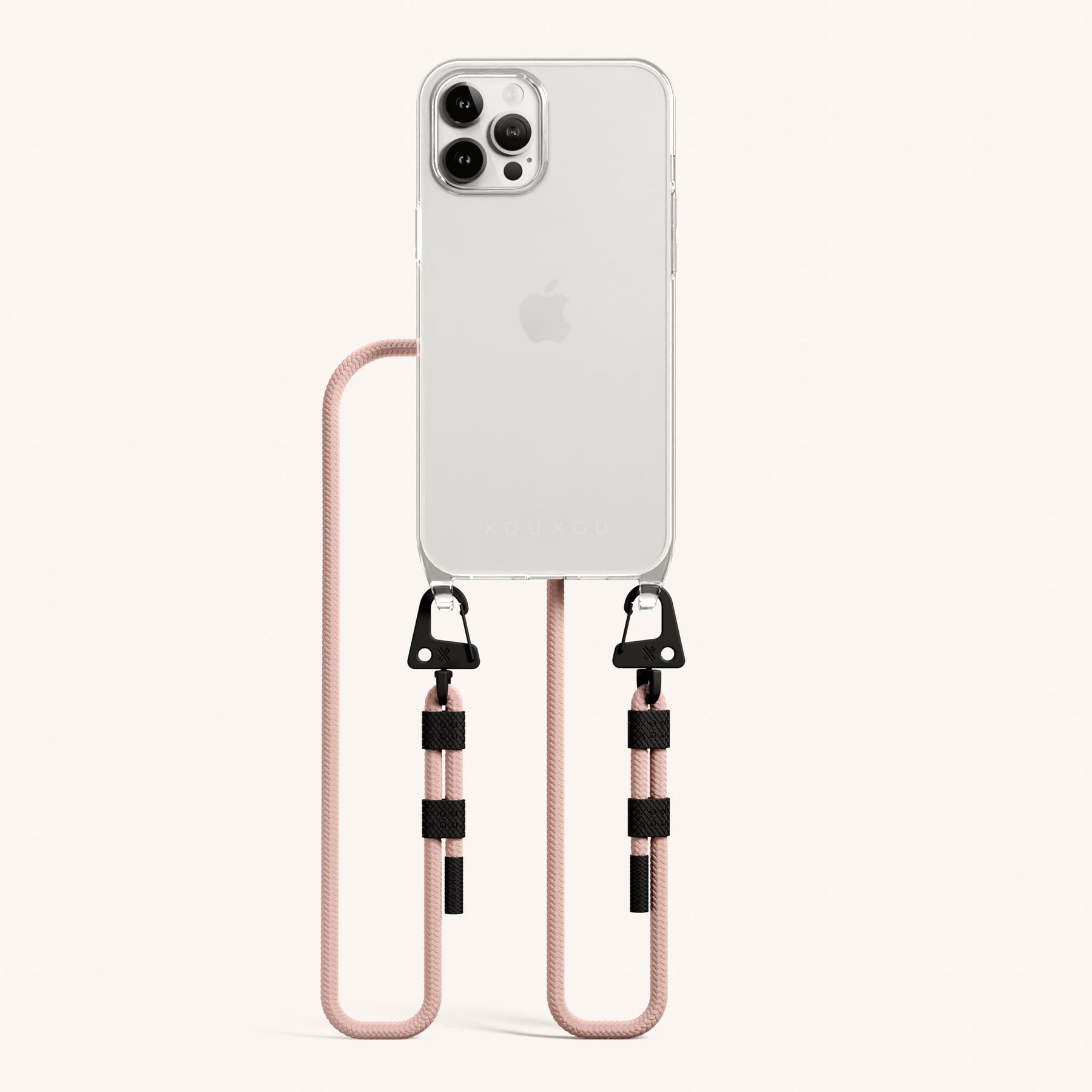 Phone Necklace with Carabiner Rope in Clear + Powder Pink