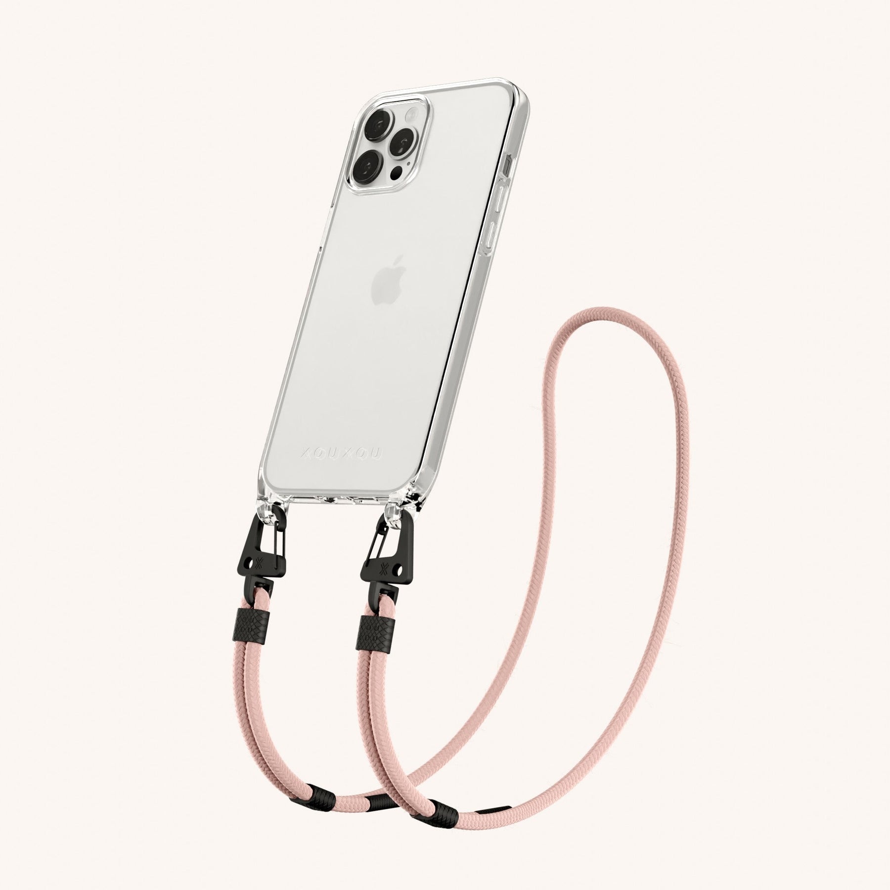 Phone Necklace with Carabiner Rope in Clear + Powder Pink