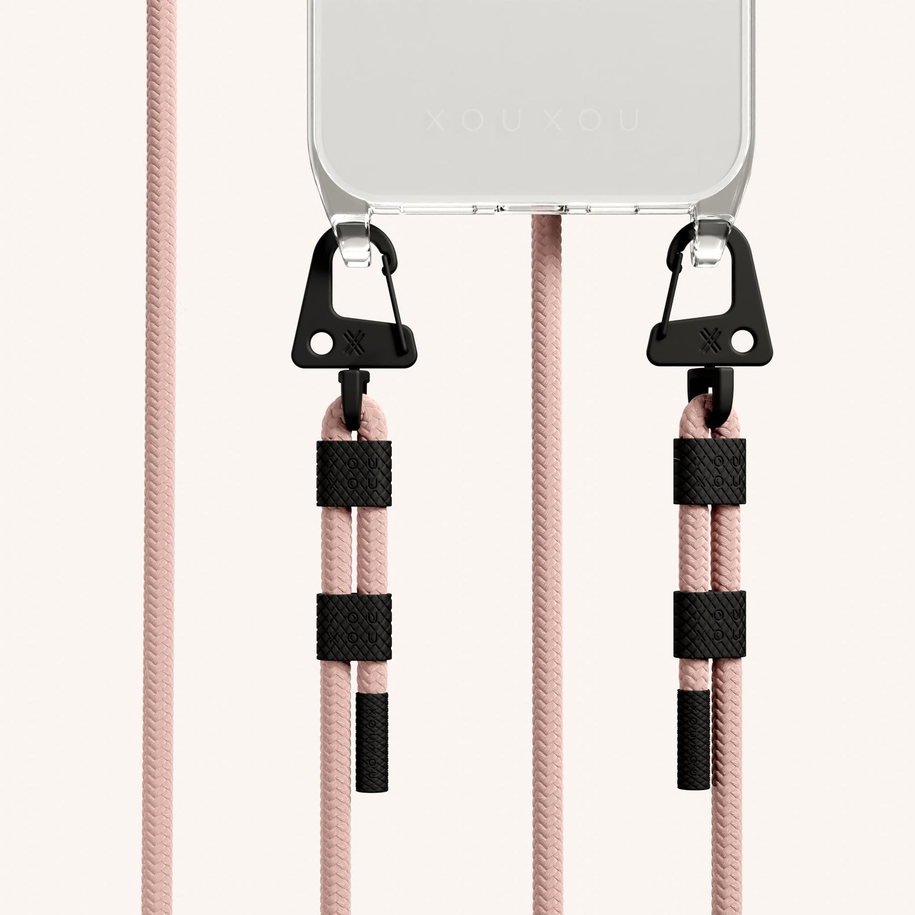 Phone Necklace with Carabiner Rope in Clear + Powder Pink