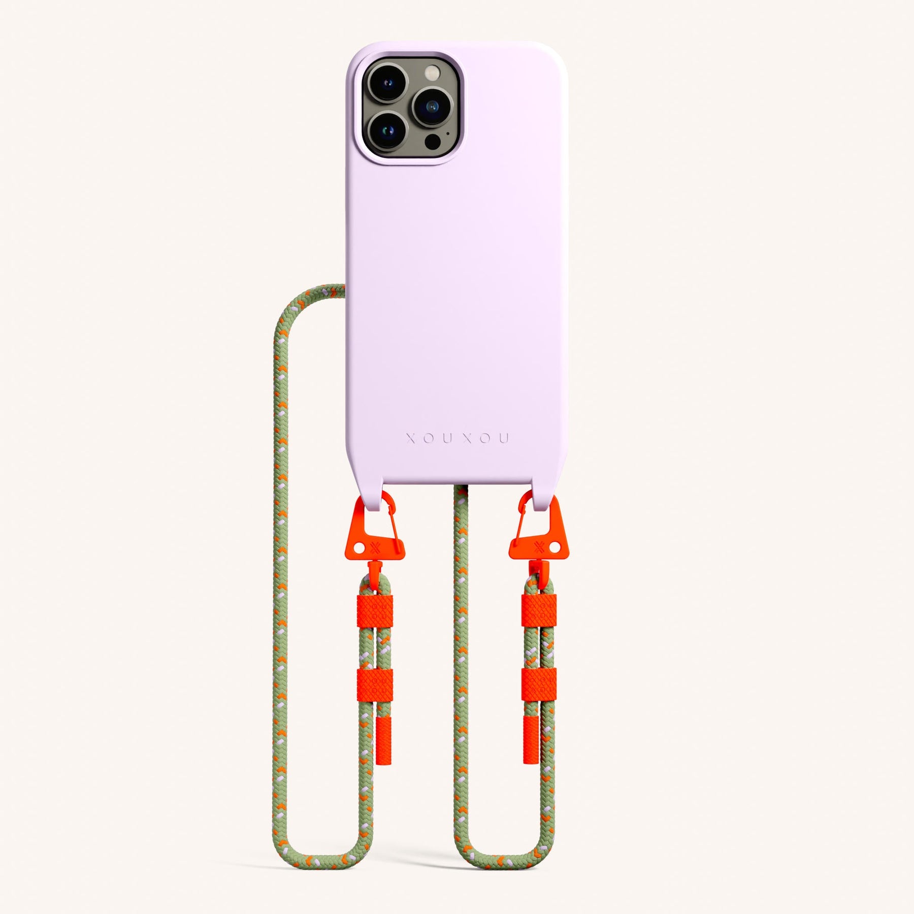 Phone Necklace with Carabiner Rope in Lilac + Orange Camouflage