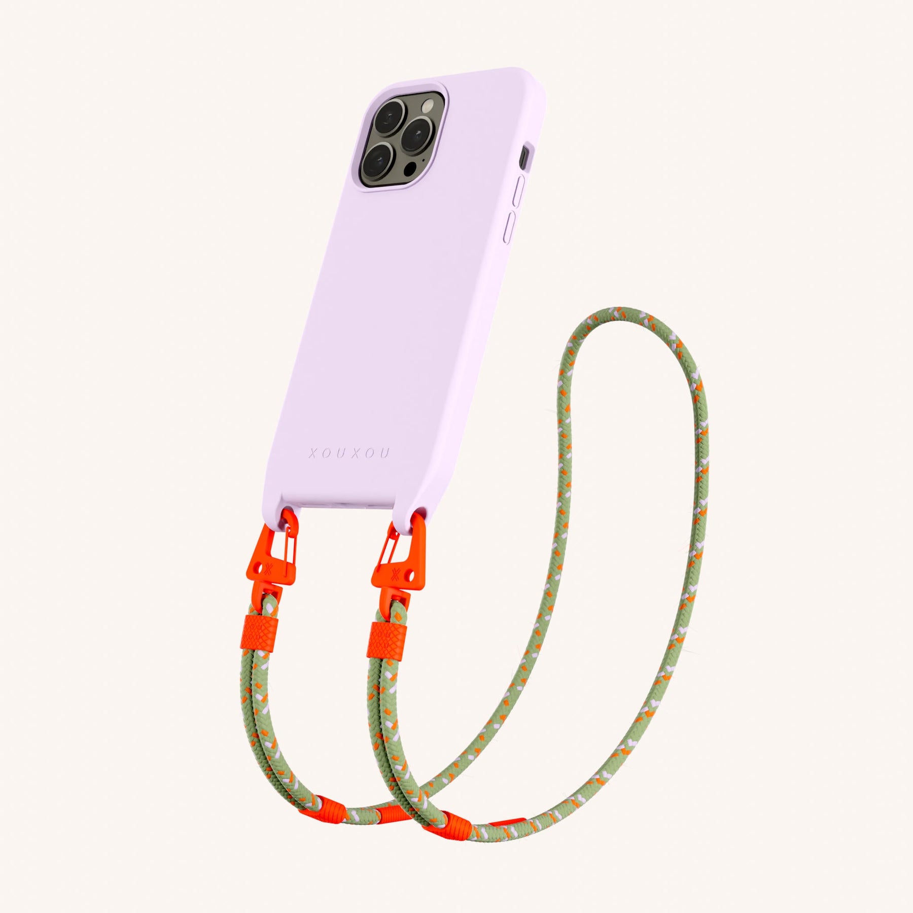 Phone Necklace with Carabiner Rope in Lilac + Orange Camouflage